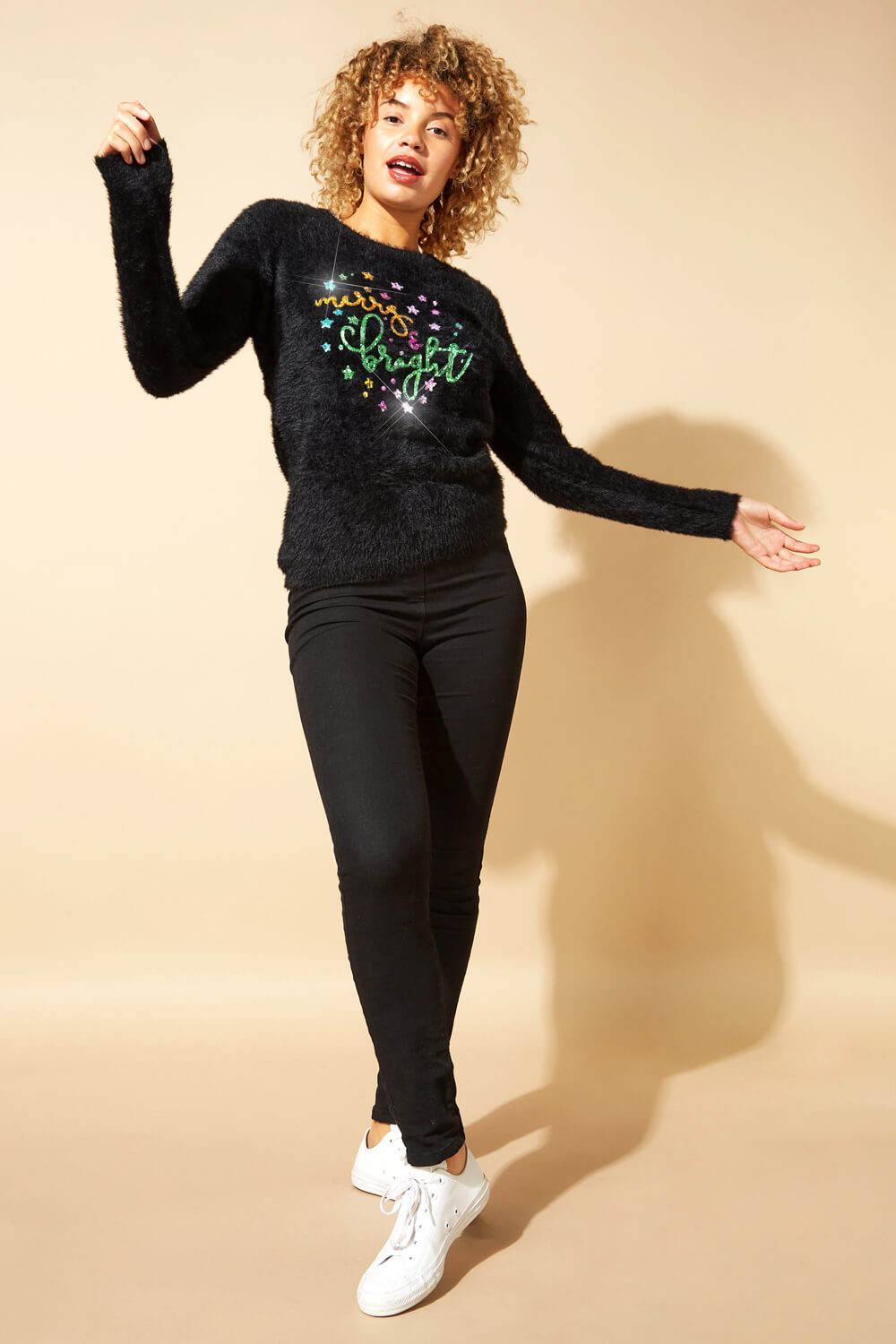 Black Merry & Bright Fluffy Christmas Jumper, Image 4 of 4