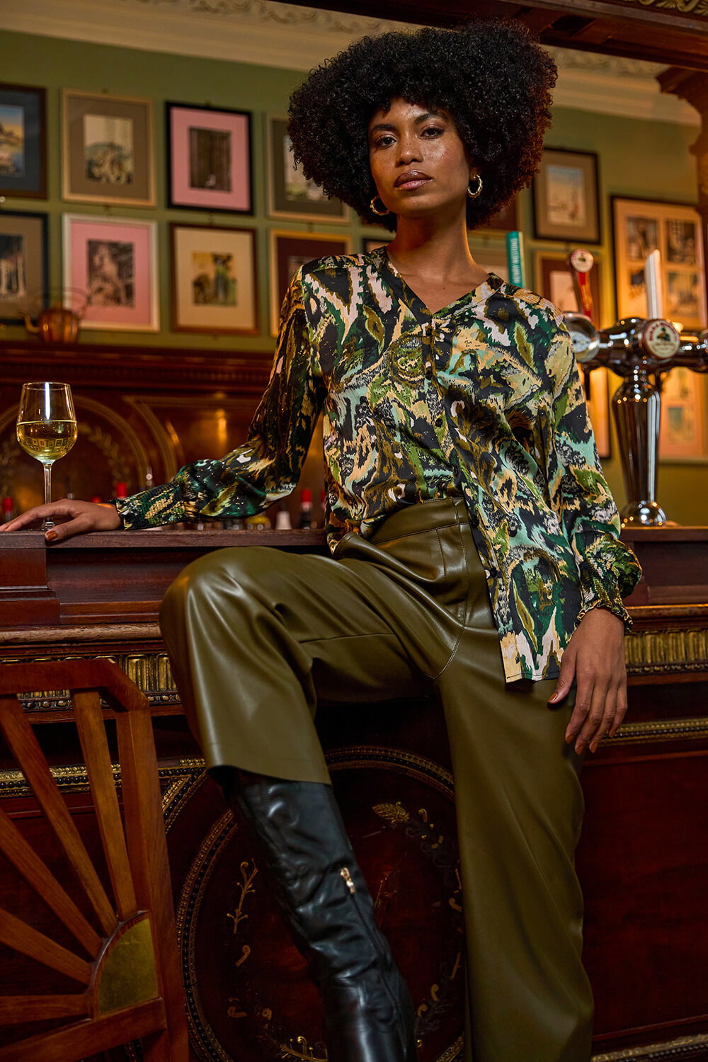 Olive Faux Leather Wide Leg Crop Trousers, Image 9 of 8