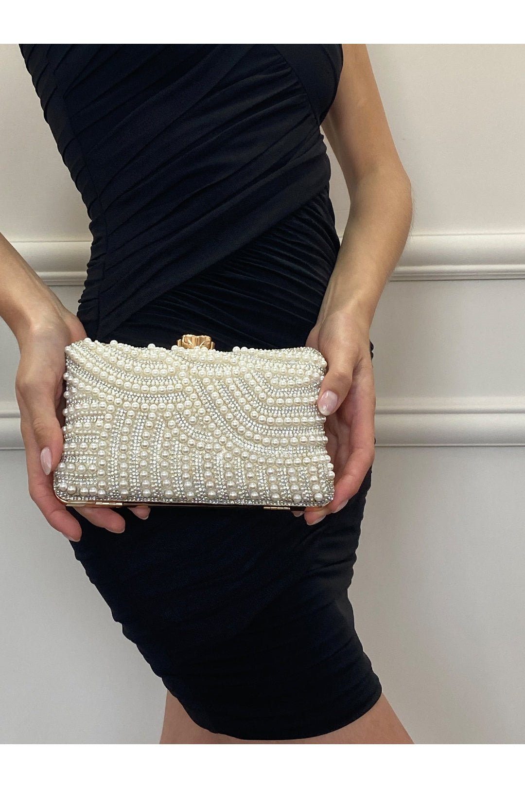 Gold Luxurious Gold Pearl Embellished Clutch Bag, Image 2 of 5