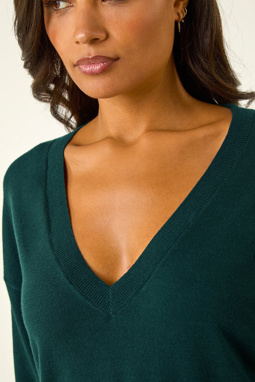 Dark Green Plain V-Neck Stretch Longline Jumper, Image 6 of 5