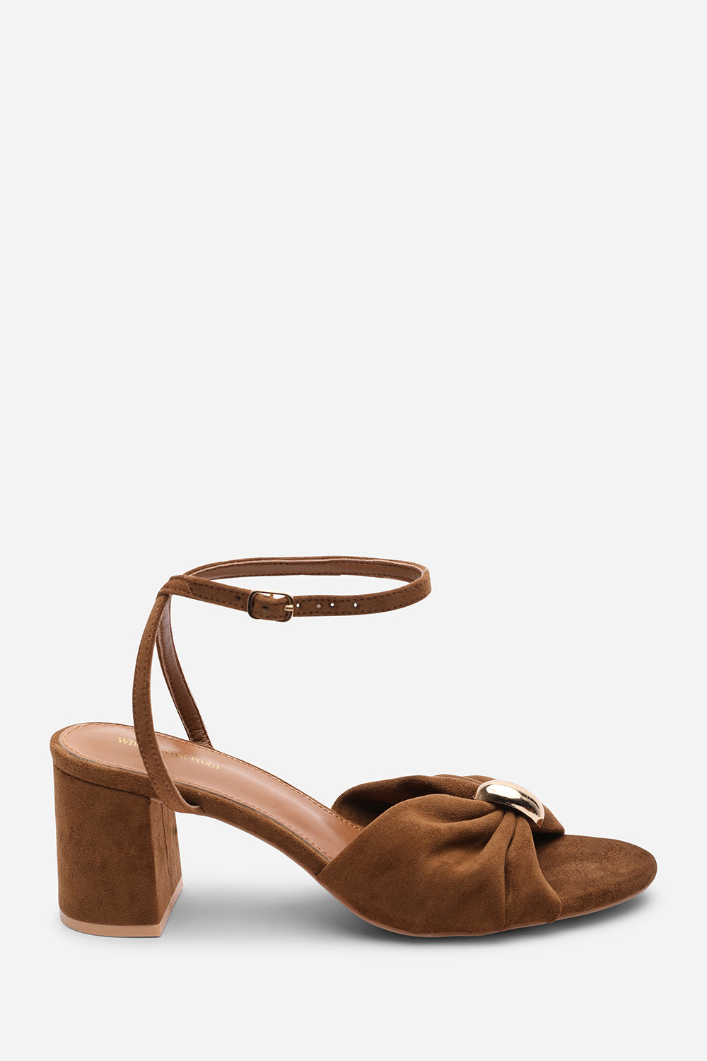 Brown Bluebird Block Heel Ruched Buckle Sandal, Image 1 of 4