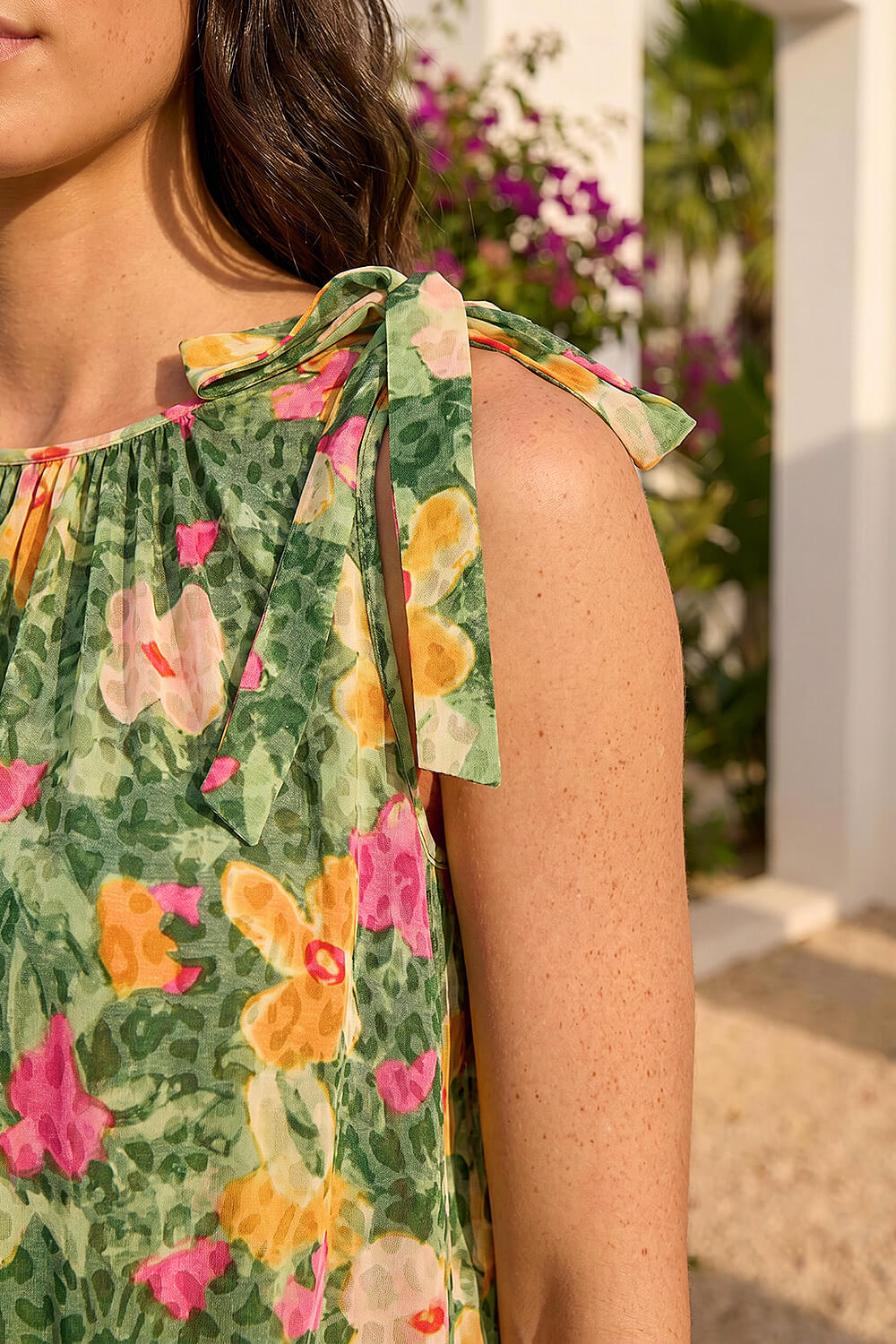 Green Floral Print Bow Detail Top, Image 5 of 4