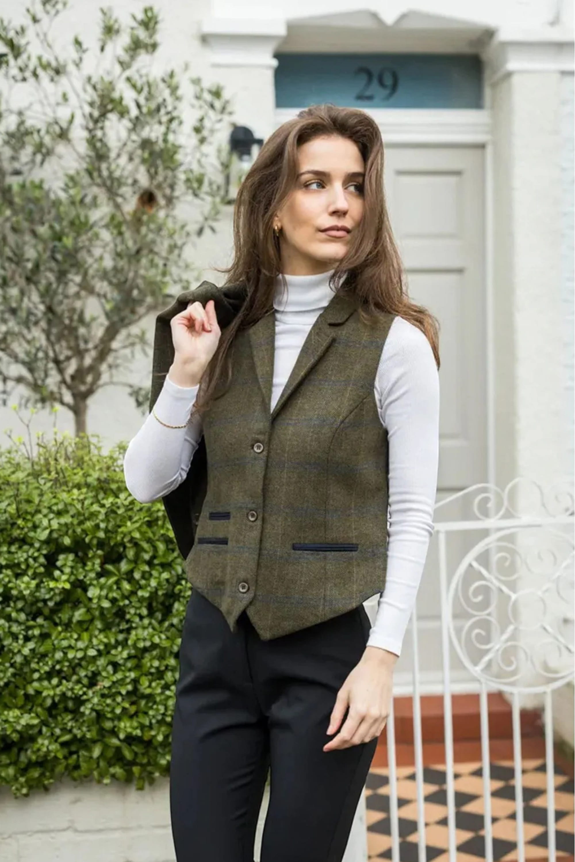 Olive Olive Tweed Herringbone Check Waistcoat, Image 2 of 5