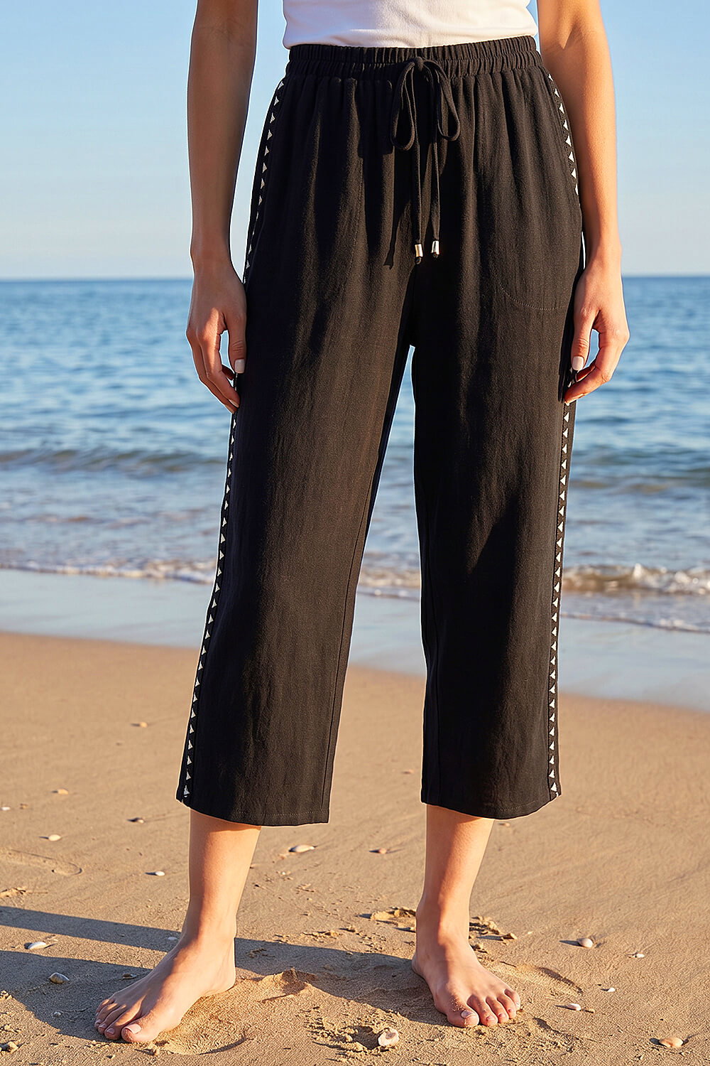 Black Petite Cropped Side Trim Trouser, Image 3 of 5