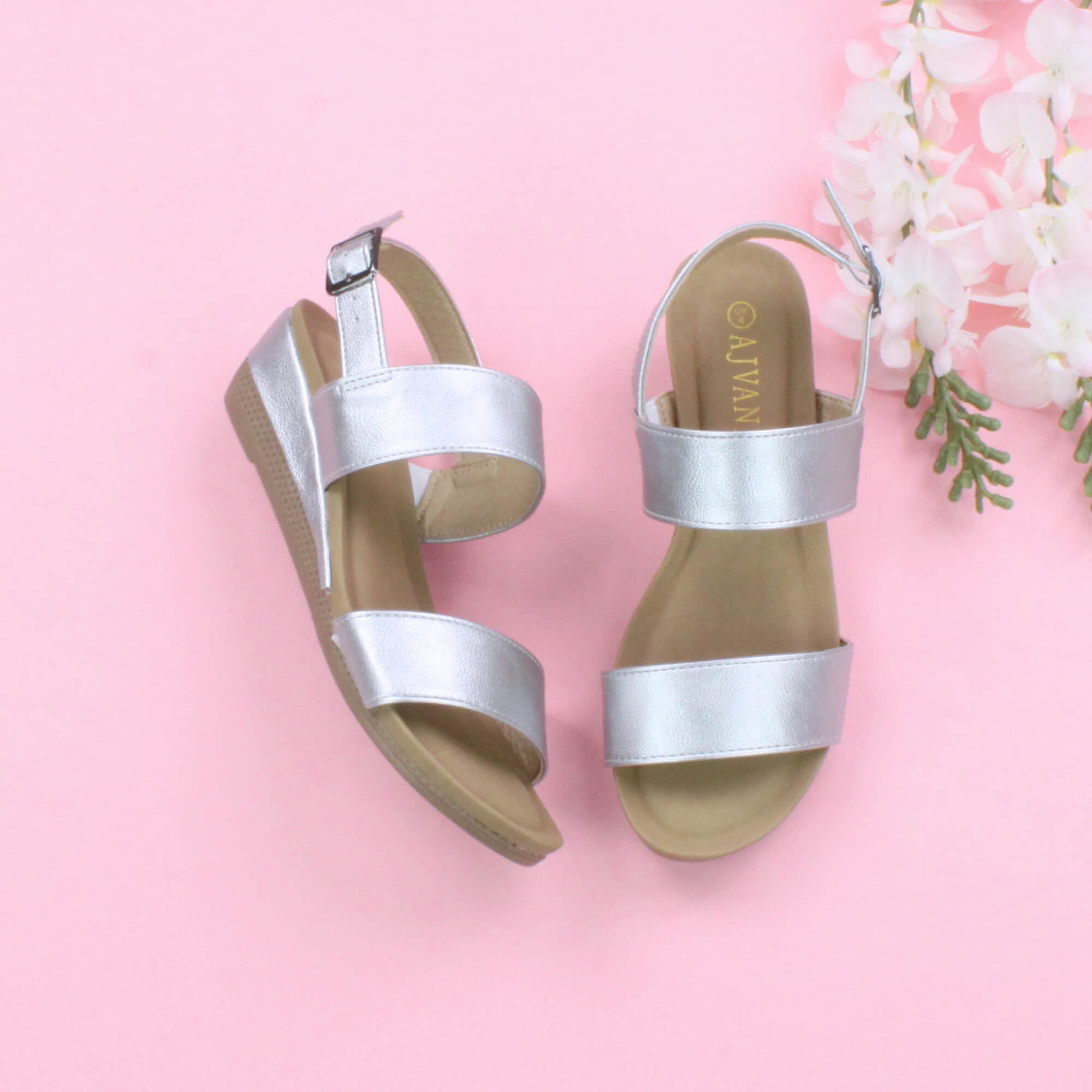 Silver AJVANI Silver Mid Wedge Heel Strappy Slingback Sandals, Image 4 of 6