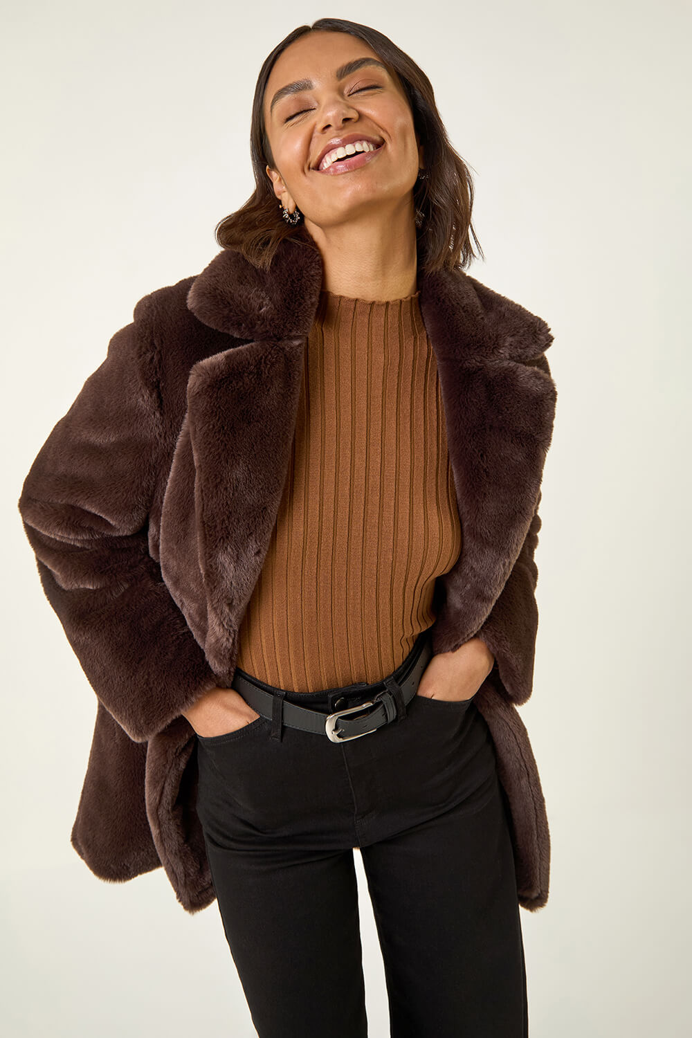 Chocolate Faux Fur Longline Coat | Roman UK