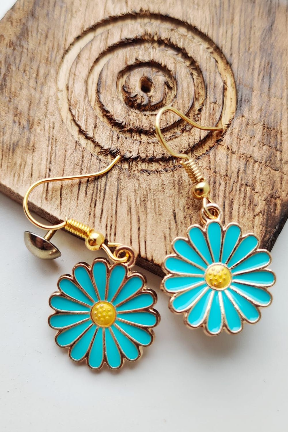 Blue Sunflower Charm Dainty Boho Hook Earrings, Image 2 of 5