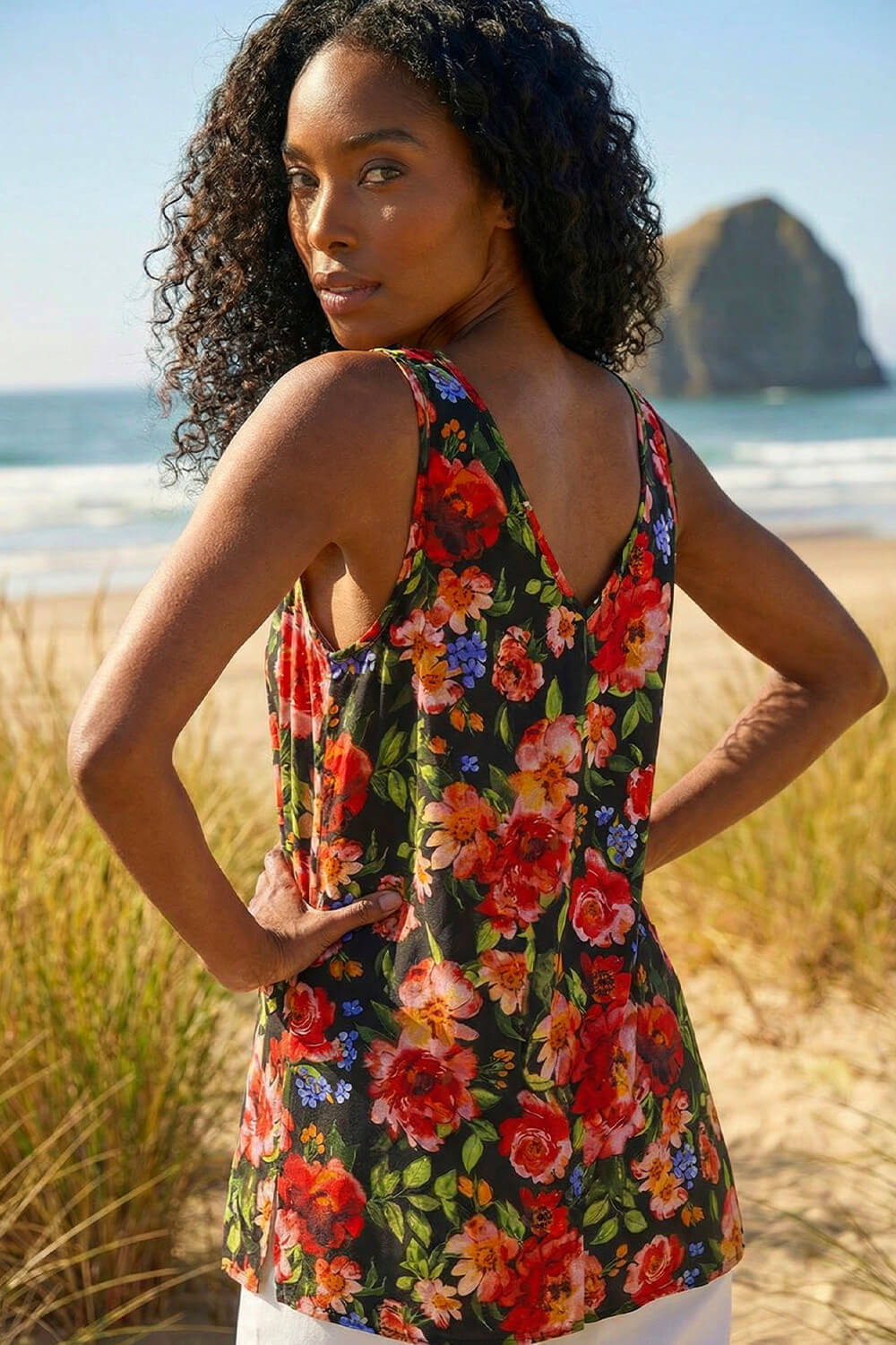 Red Floral Buttoned Vest Top, Image 4 of 5