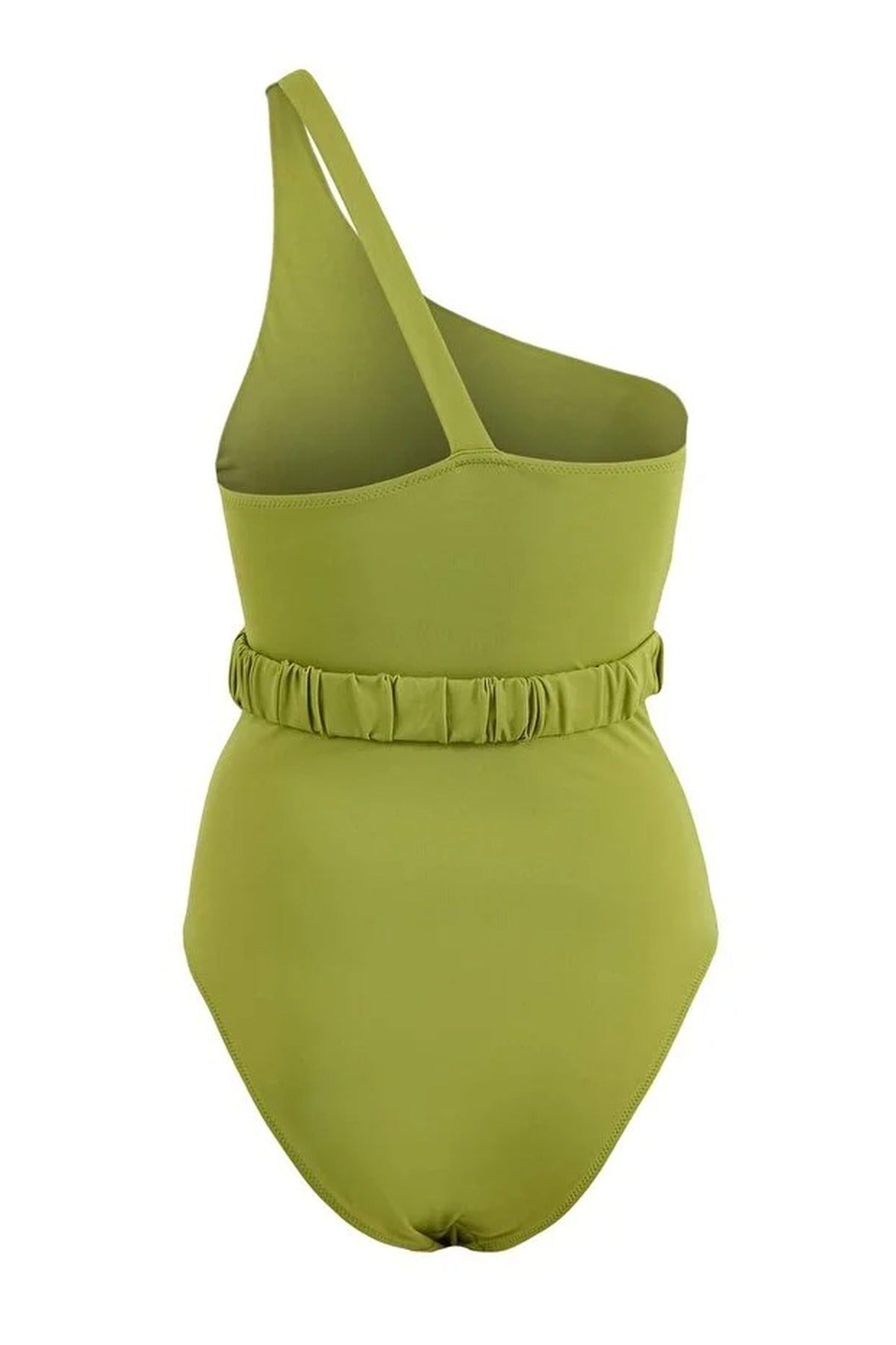 Green One Shoulder Belted Detail High Leg Swimsuit, Image 2 of 3