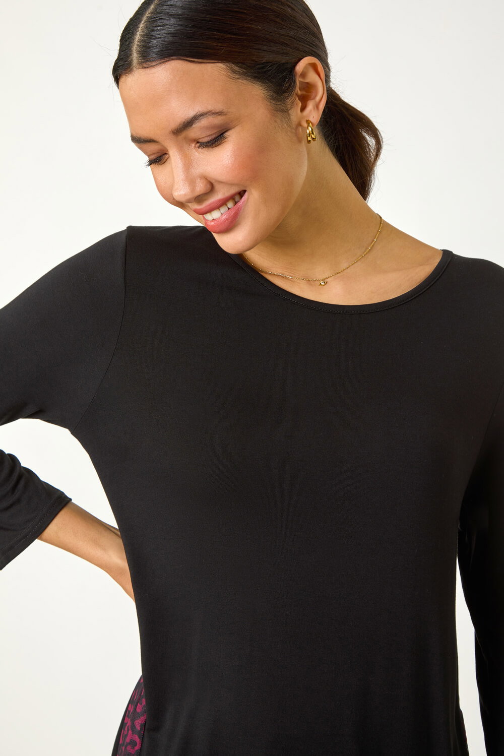Wine Animal Print Contrast Mesh Hem Stretch Top, Image 5 of 5