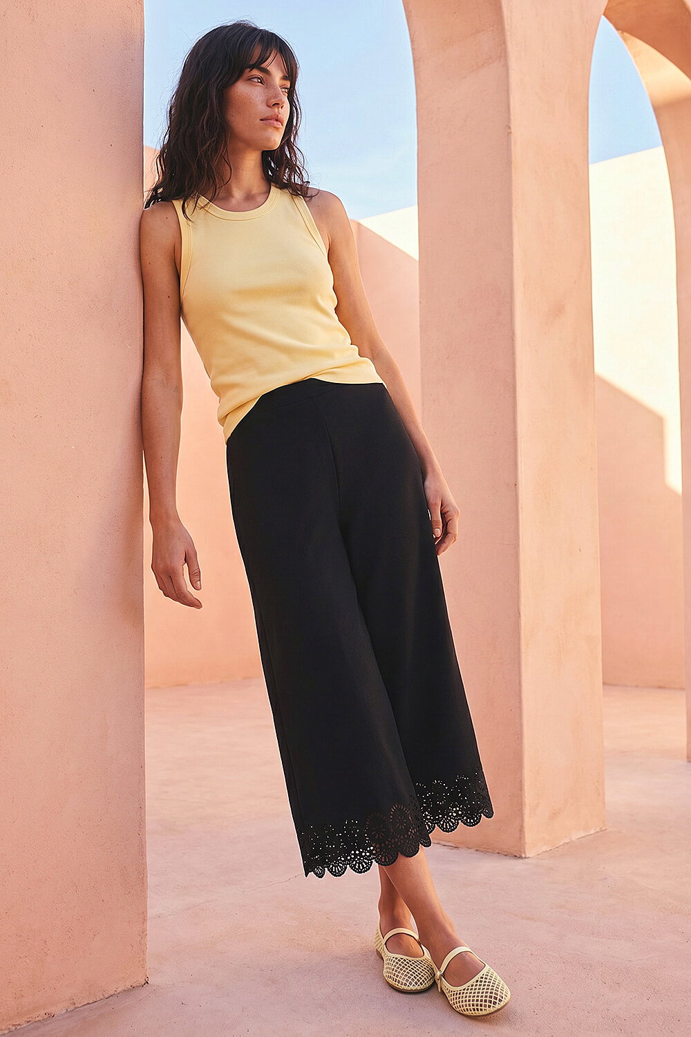 Black Laser Cut Wide Leg Trouser, Image 1 of 4
