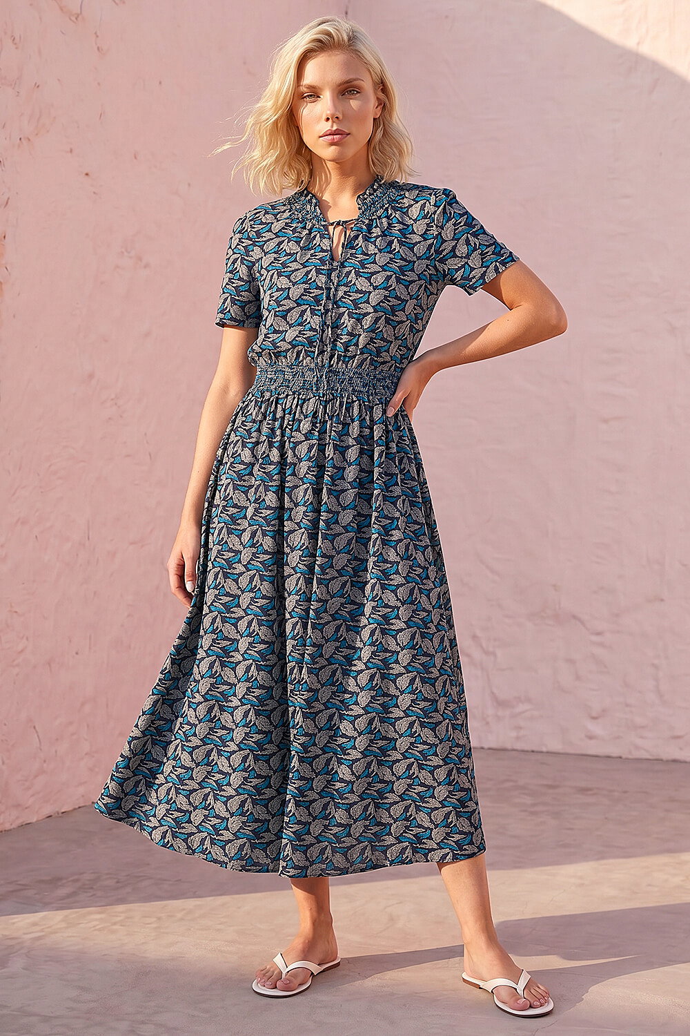 Navy Petite Shirred Waist Dress, Image 1 of 4
