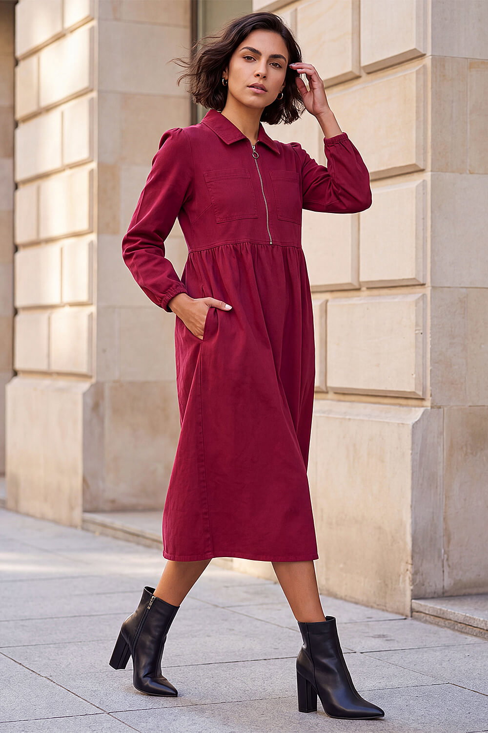 Roman Women's Wine Front Zip Midi Dress Size 10