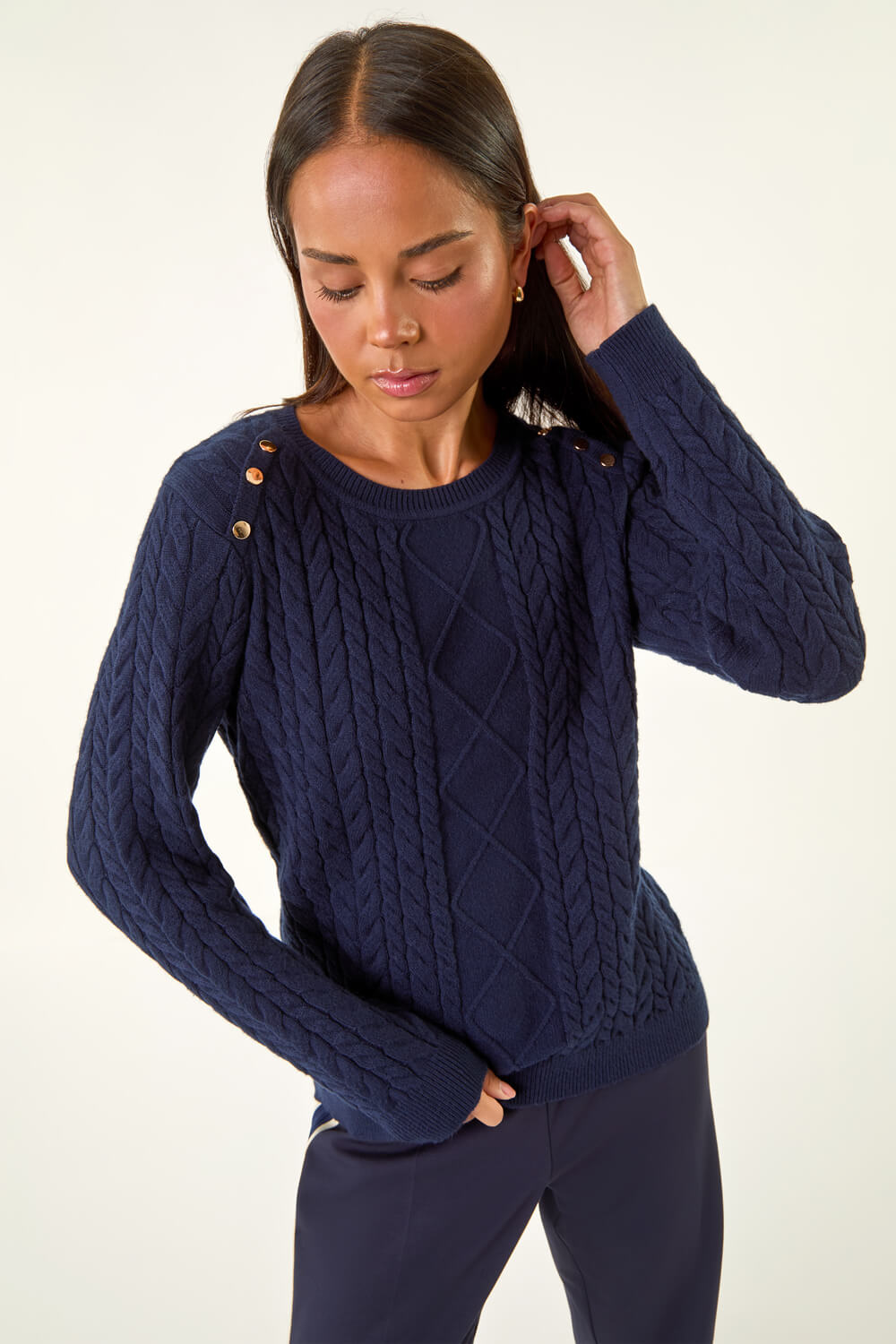 Navy Petite Button Cable Knit Jumper, Image 1 of 5
