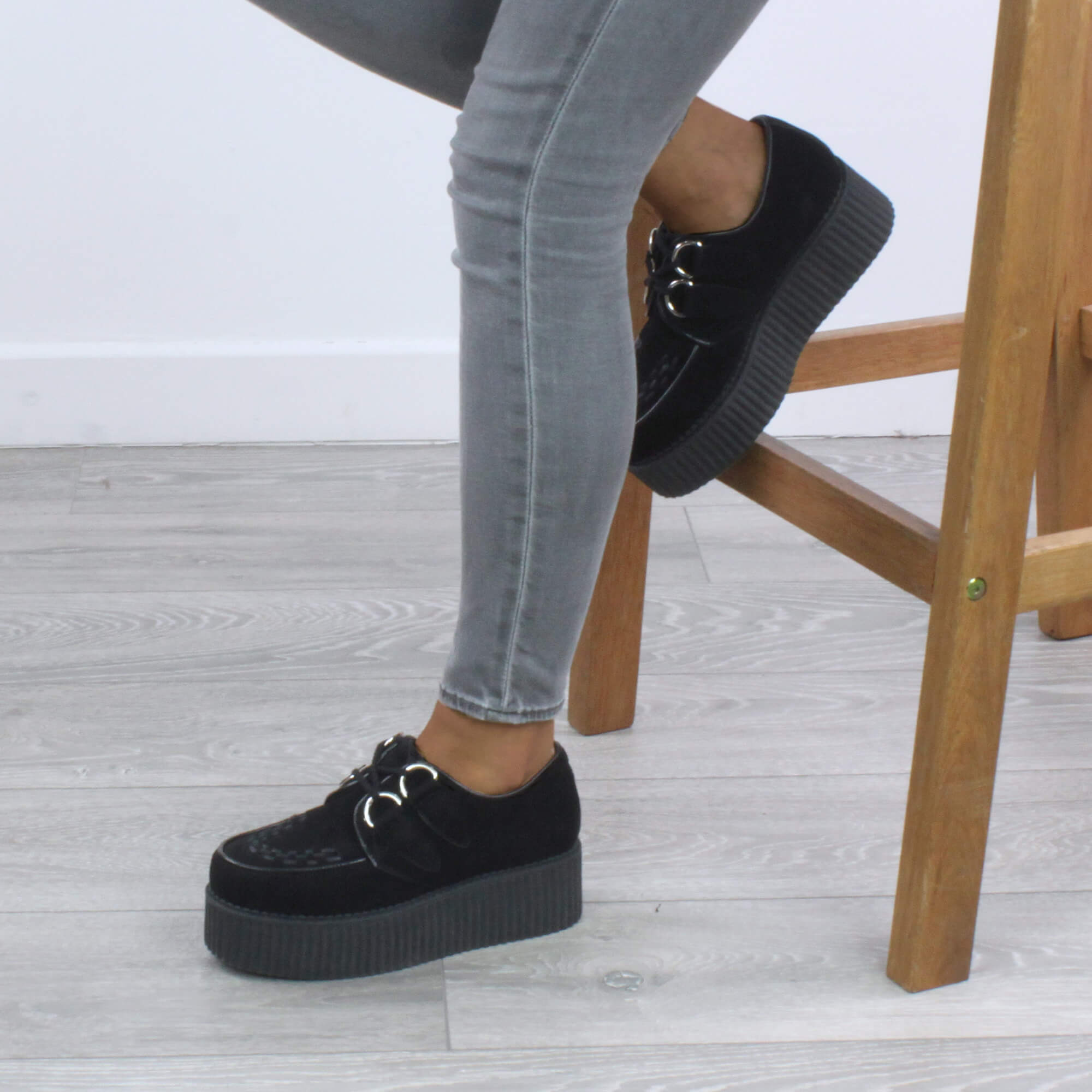 Black Double Platform Brothel Creepers Lace Up Shoes, Image 5 of 6