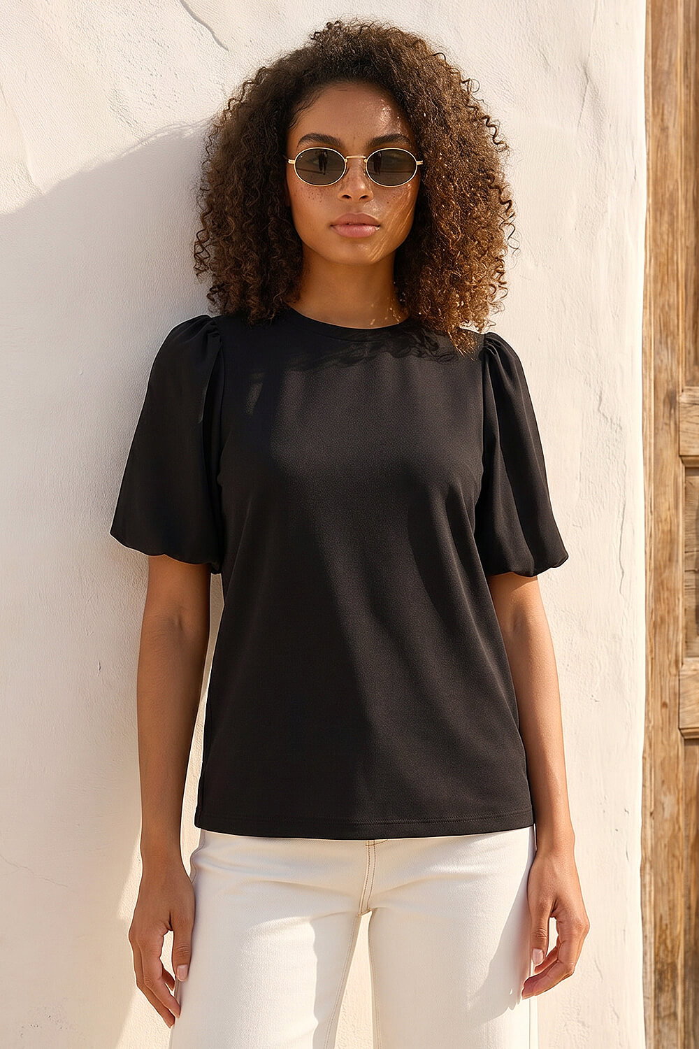 Black Dusk Puff Sleeve Stretch T-Shirt , Image 1 of 4