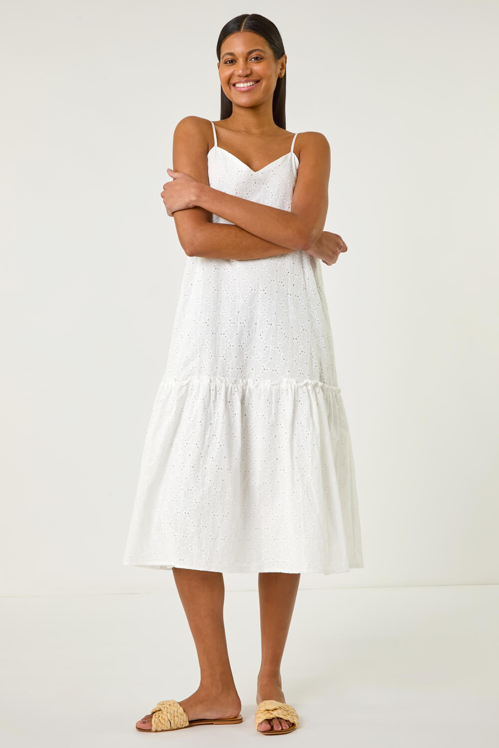 White Broderie Frill Tiered Midi Dress, Image 3 of 7