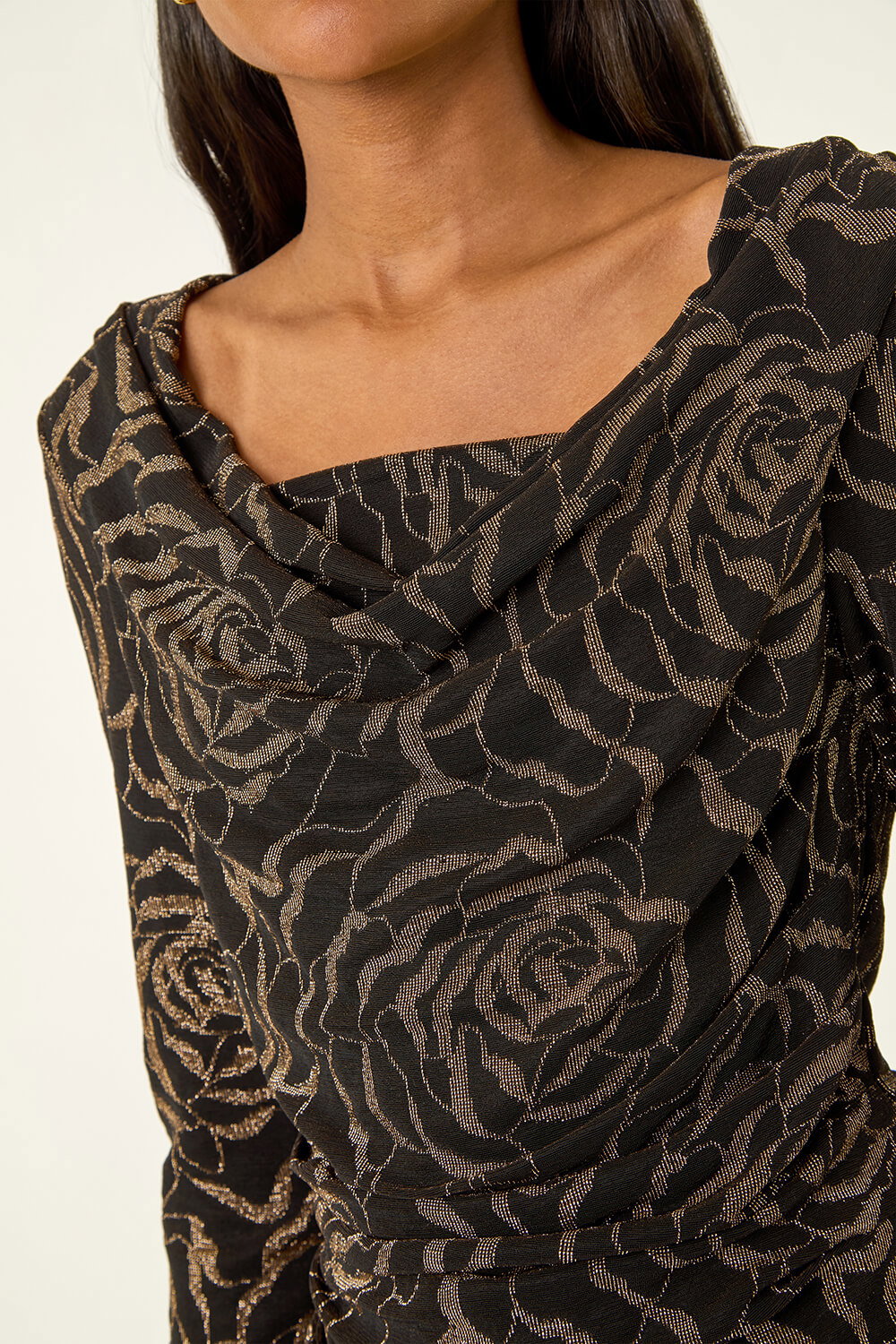Bronze Jacquard Cowl Neck Stretch Top, Image 6 of 5