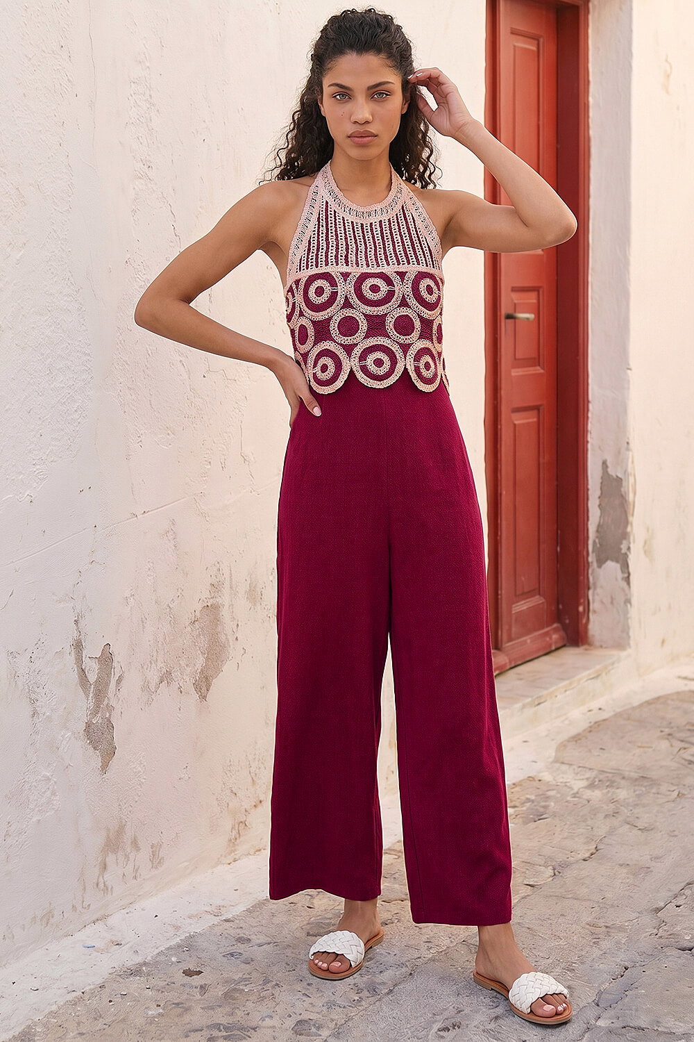 Roman Petite Women's Wine Crochet Detail Linen Blend Jumpsuit Size 16