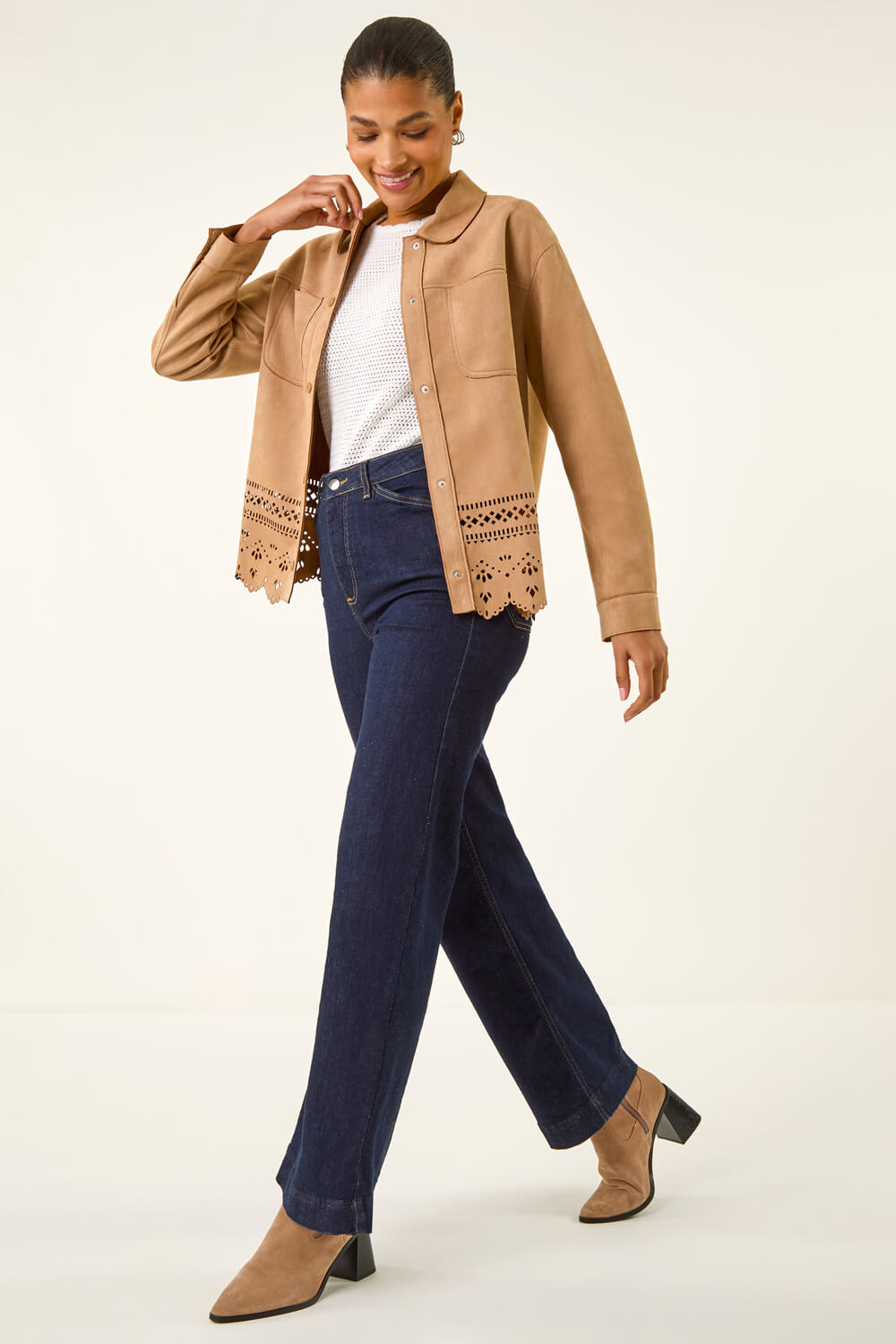 Roman Women's Stone Faux Suede Cut Out Shacket Size 12