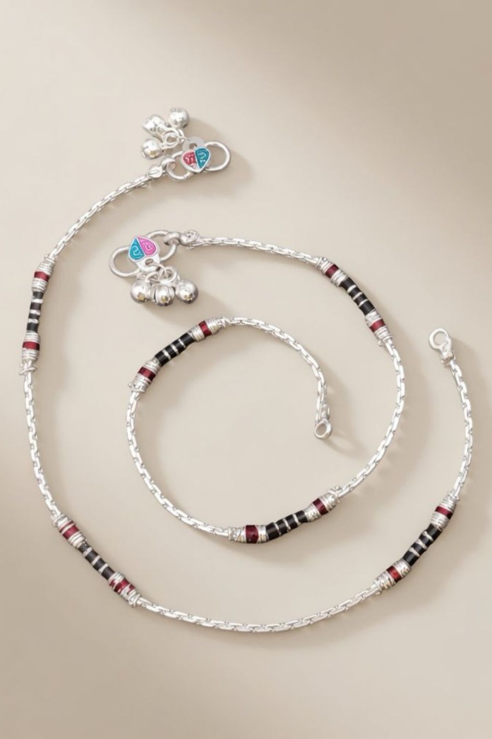Silver Black Red Enamel Pipe Silver Plated Asian Indian Payal Anklet, Image 1 of 2