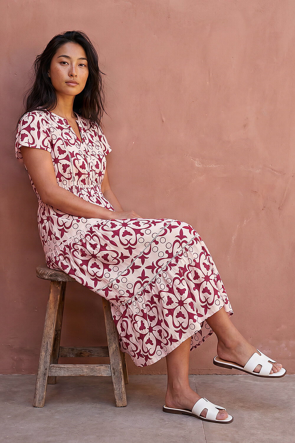 Wine Petite Print Elasticated Waist Midi Dress , Image 3 of 4