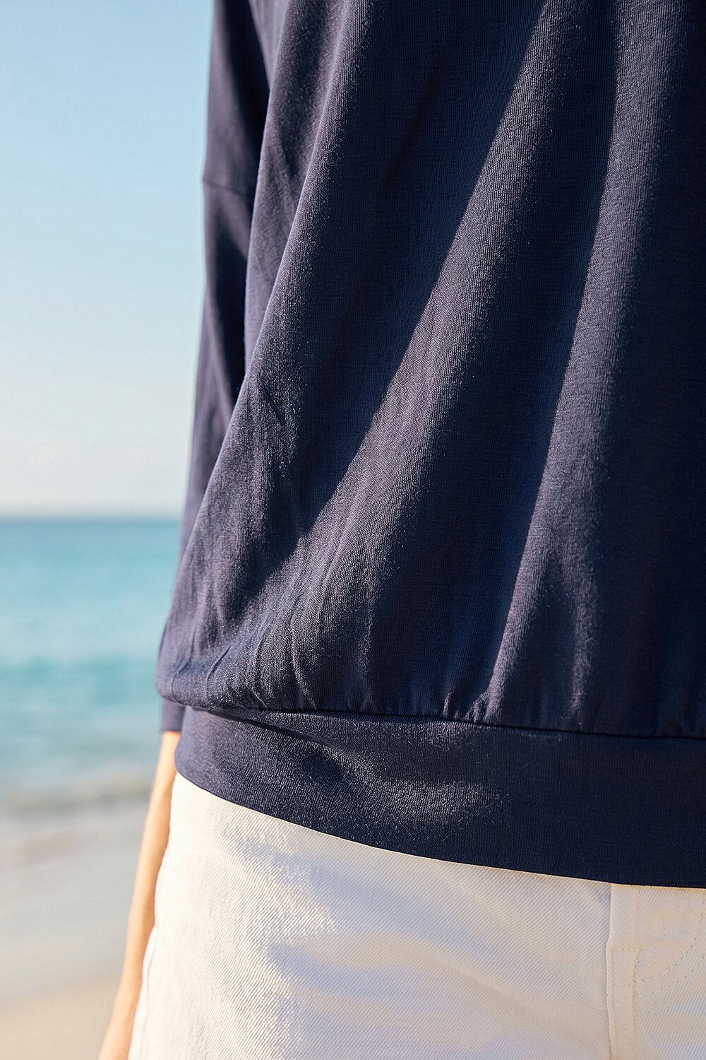Navy  Bubble Hem V-Neck Top, Image 5 of 4