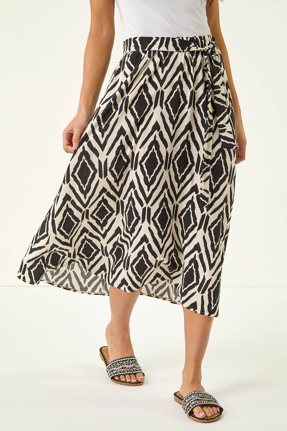 Black Petite Geo Print Tie Waist Midi Skirt, Image 5 of 5