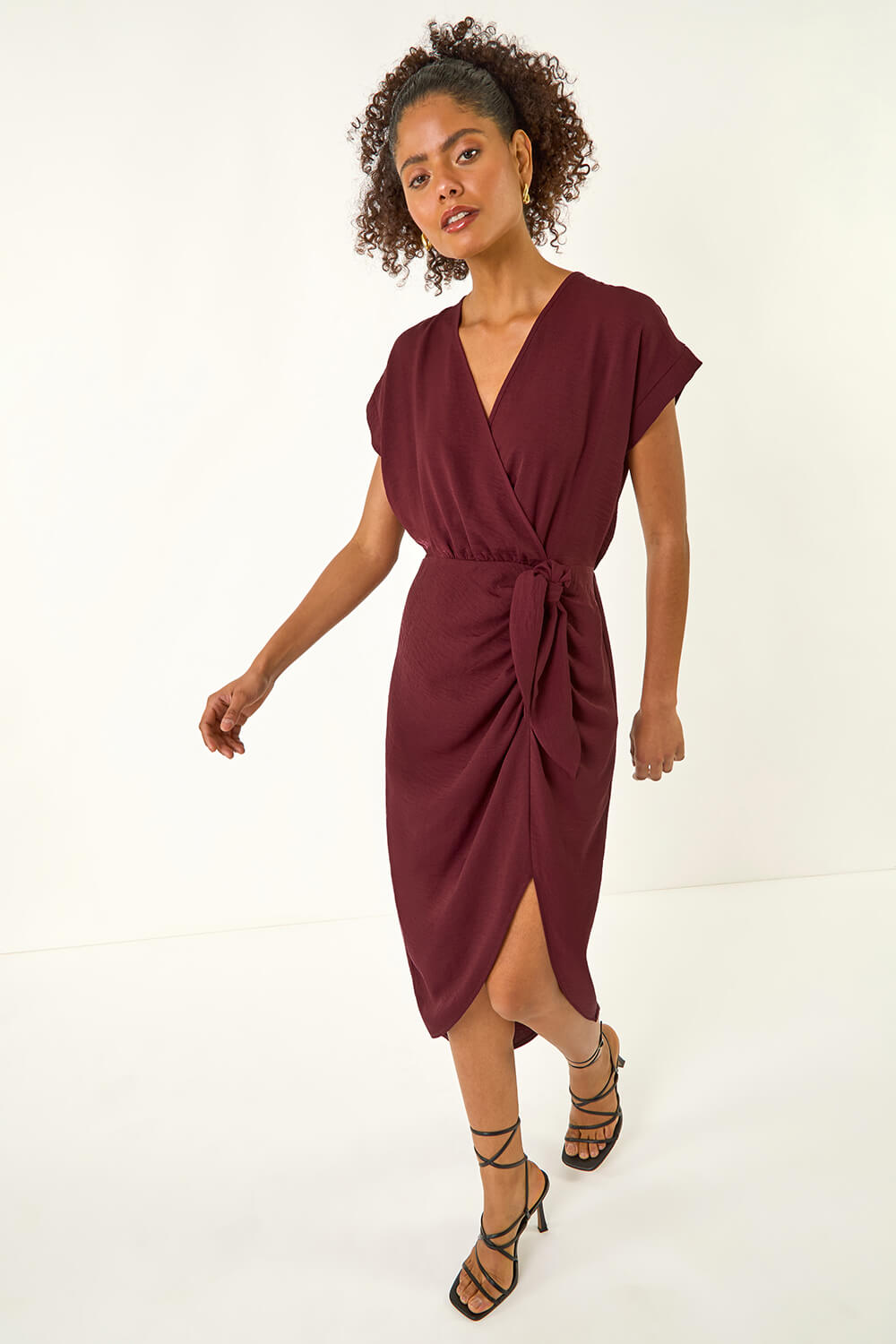 Wine Dusk Wrap Tie Detail Dress, Image 1 of 5