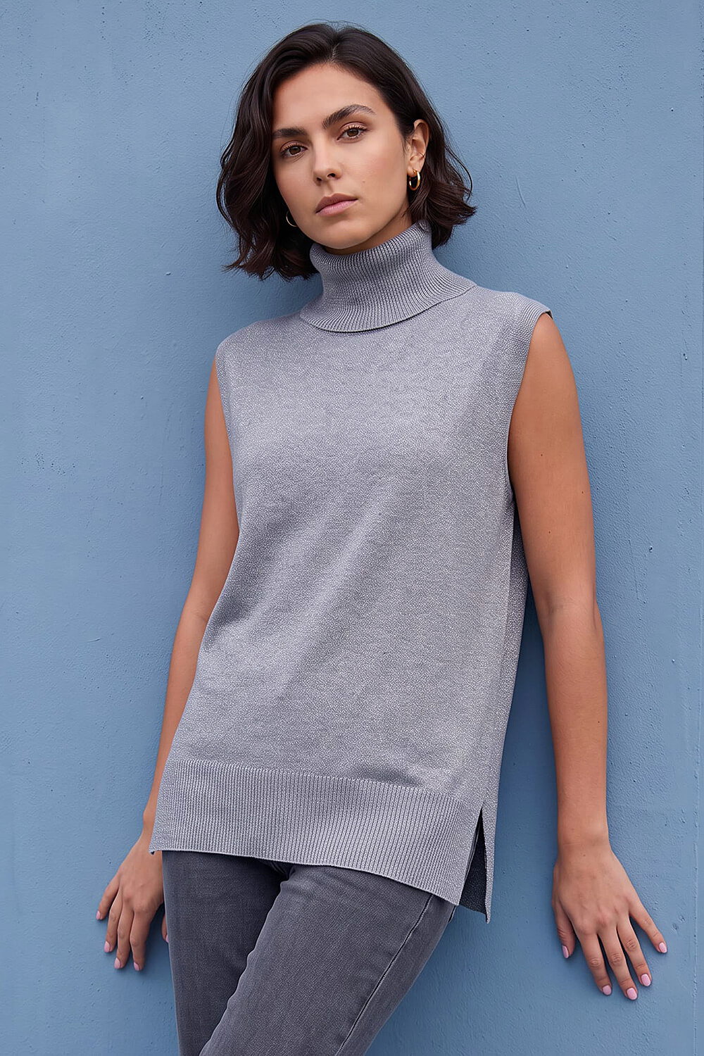 Roman Women's Grey Shimmer Roll Neck Knit Jumper Size 10
