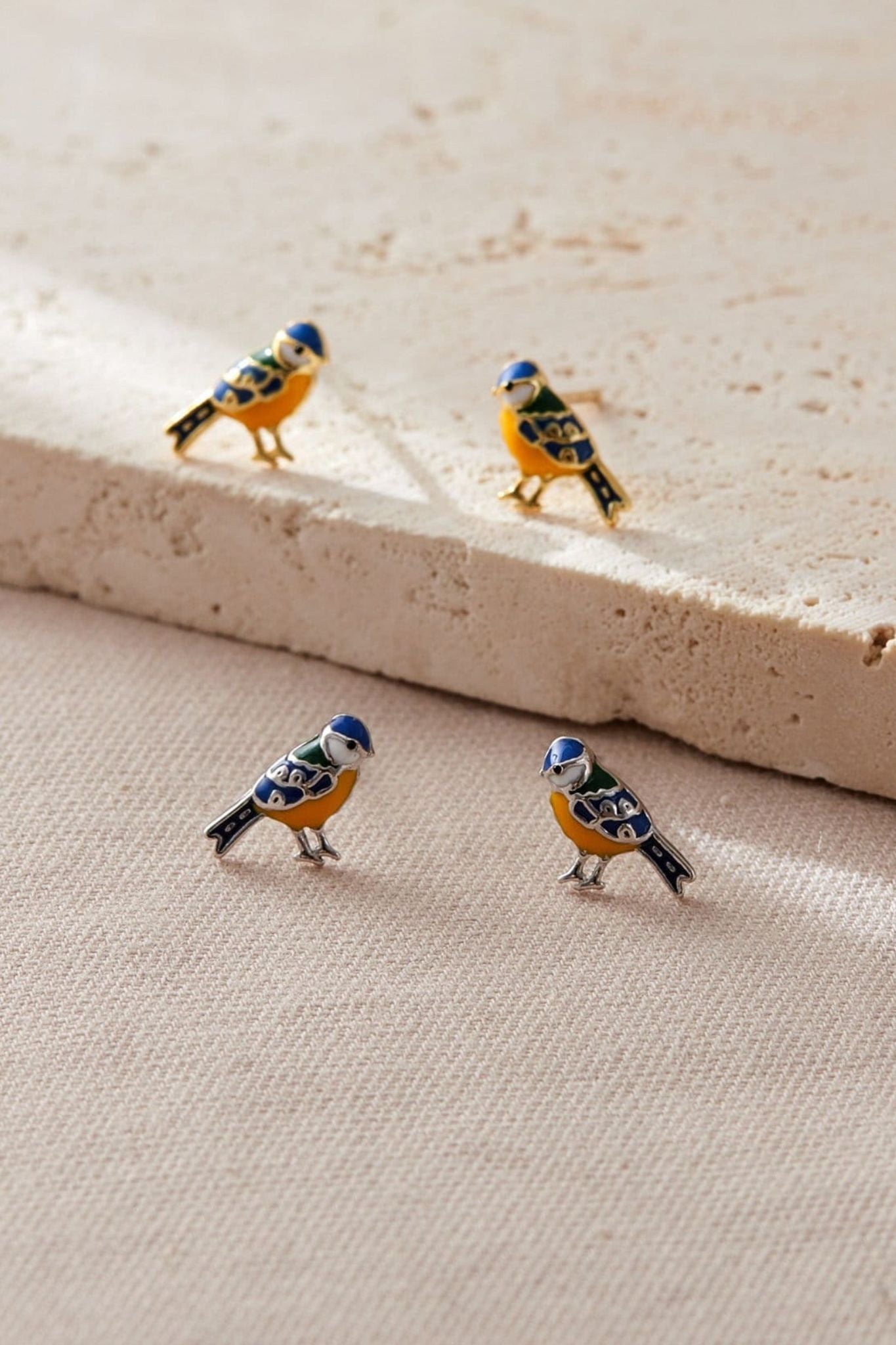 Metallic Sterling Silver Blue Tit Bird Stud Earrings