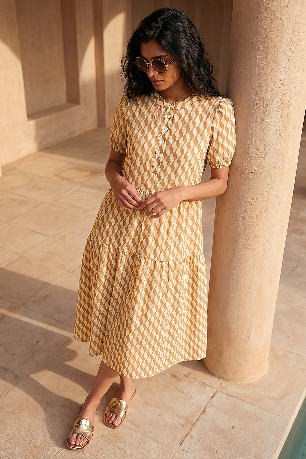 Camel Geo Print Button Shirt Midi Dress, Image 1 of 4