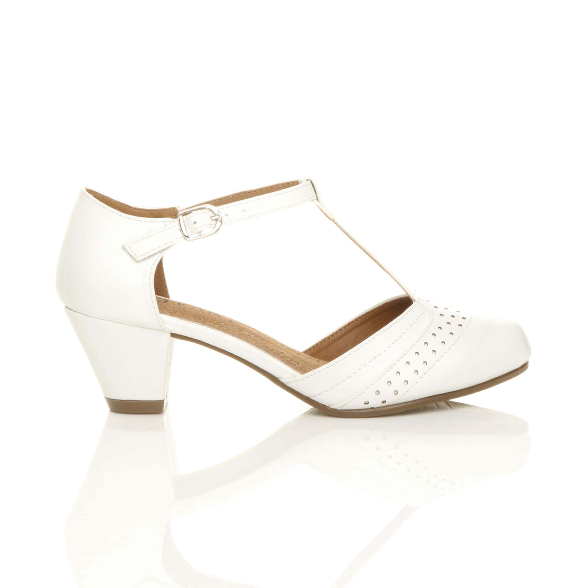 White Mid Heel Comfort T-Bar Brogue Heels, Image 2 of 6