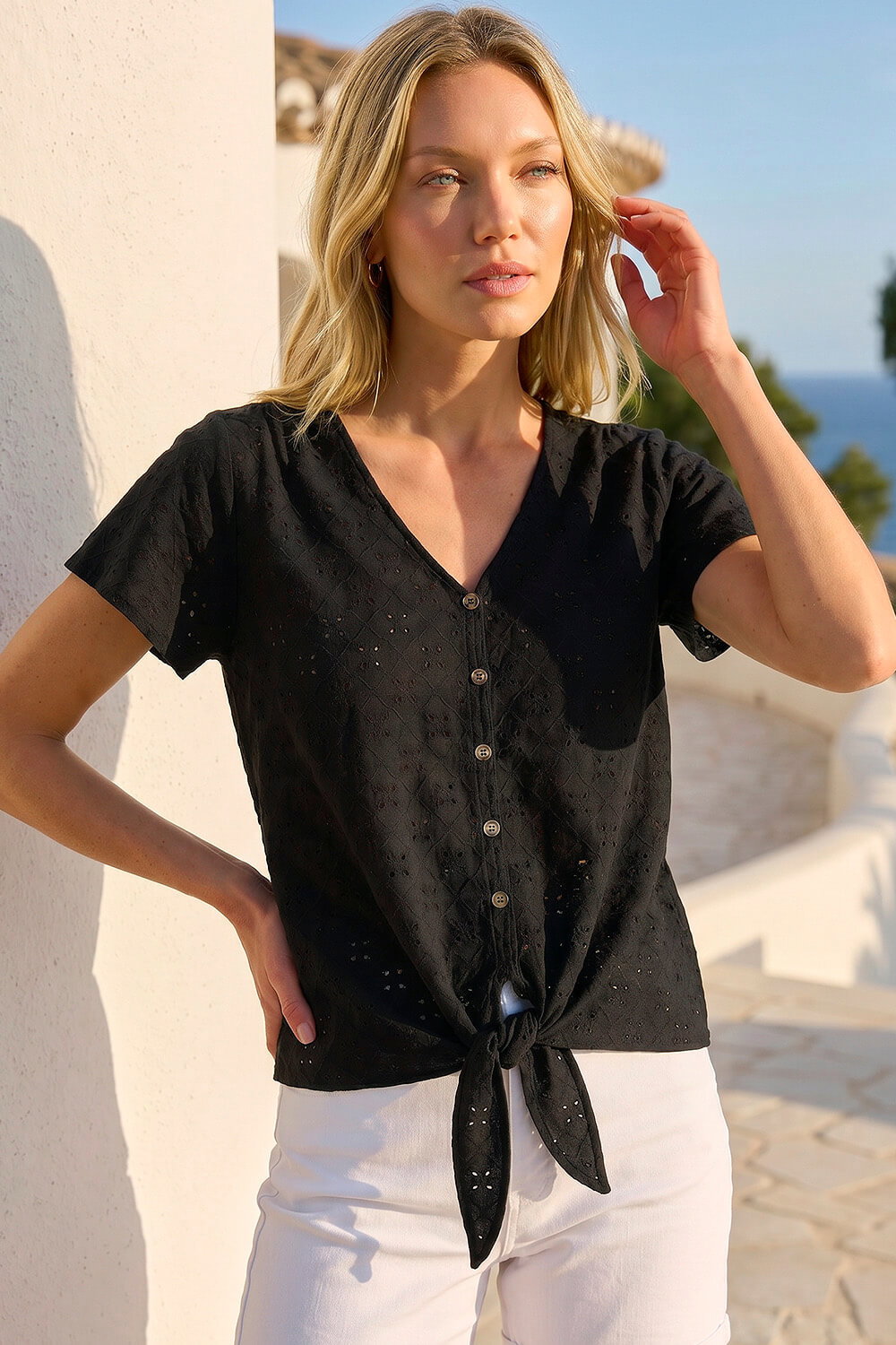 Black V-Neck Broderie Stretch Tie Front Top, Image 1 of 4