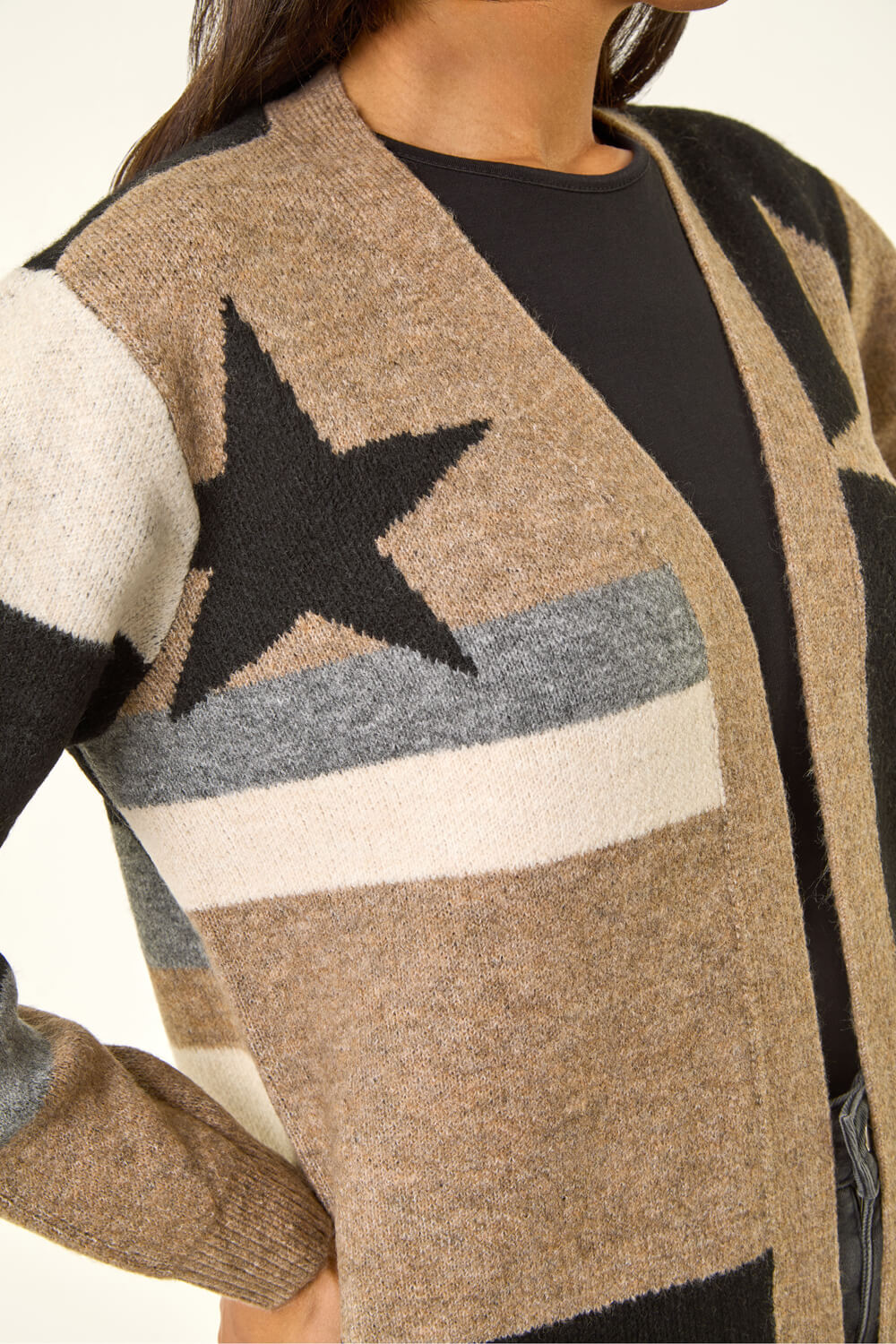 Natural Star Print Longline Stretch Cardigan, Image 6 of 5