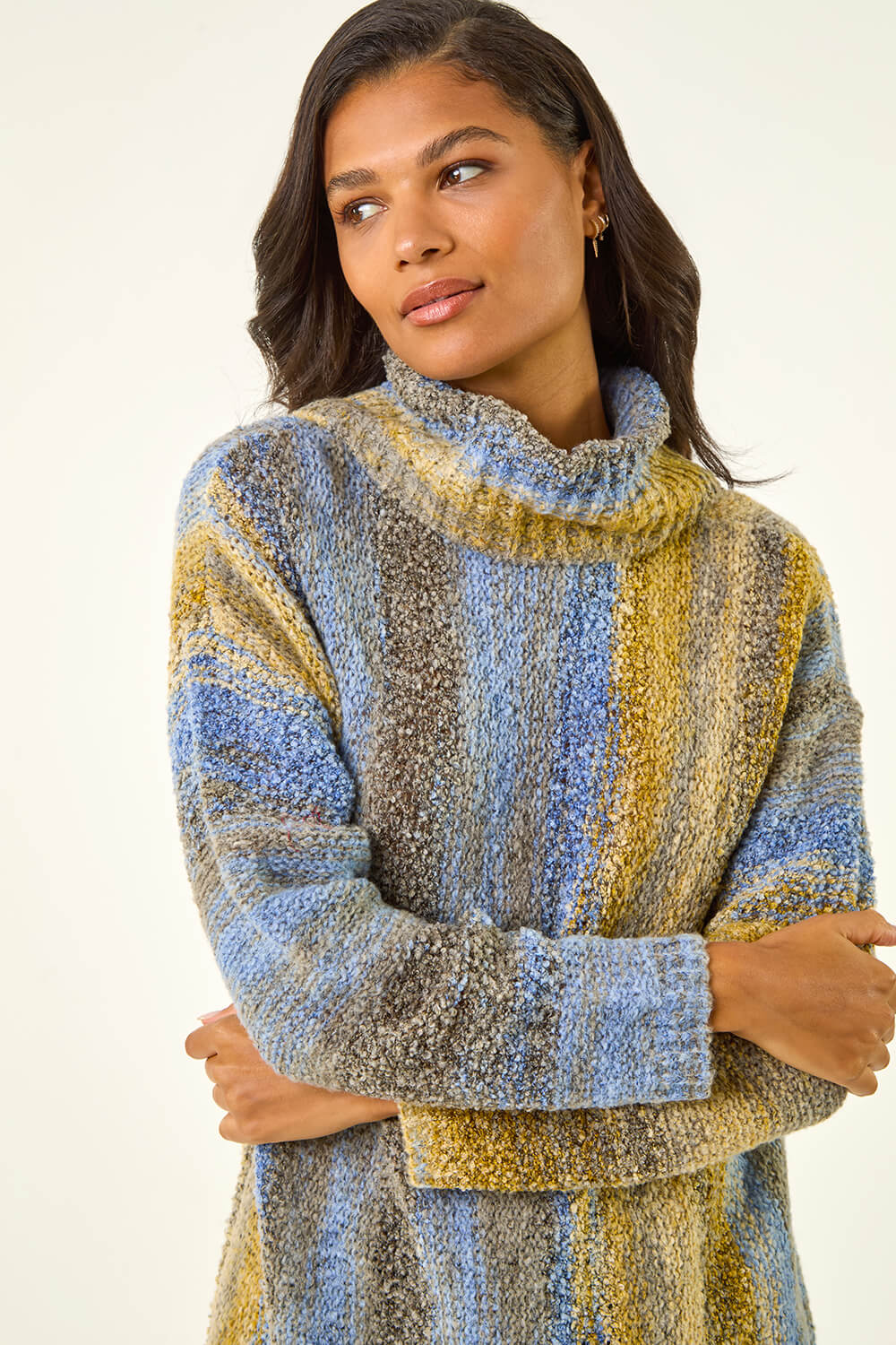 Blue Boucle Stripe Cowl Neck Jumper, Image 5 of 5