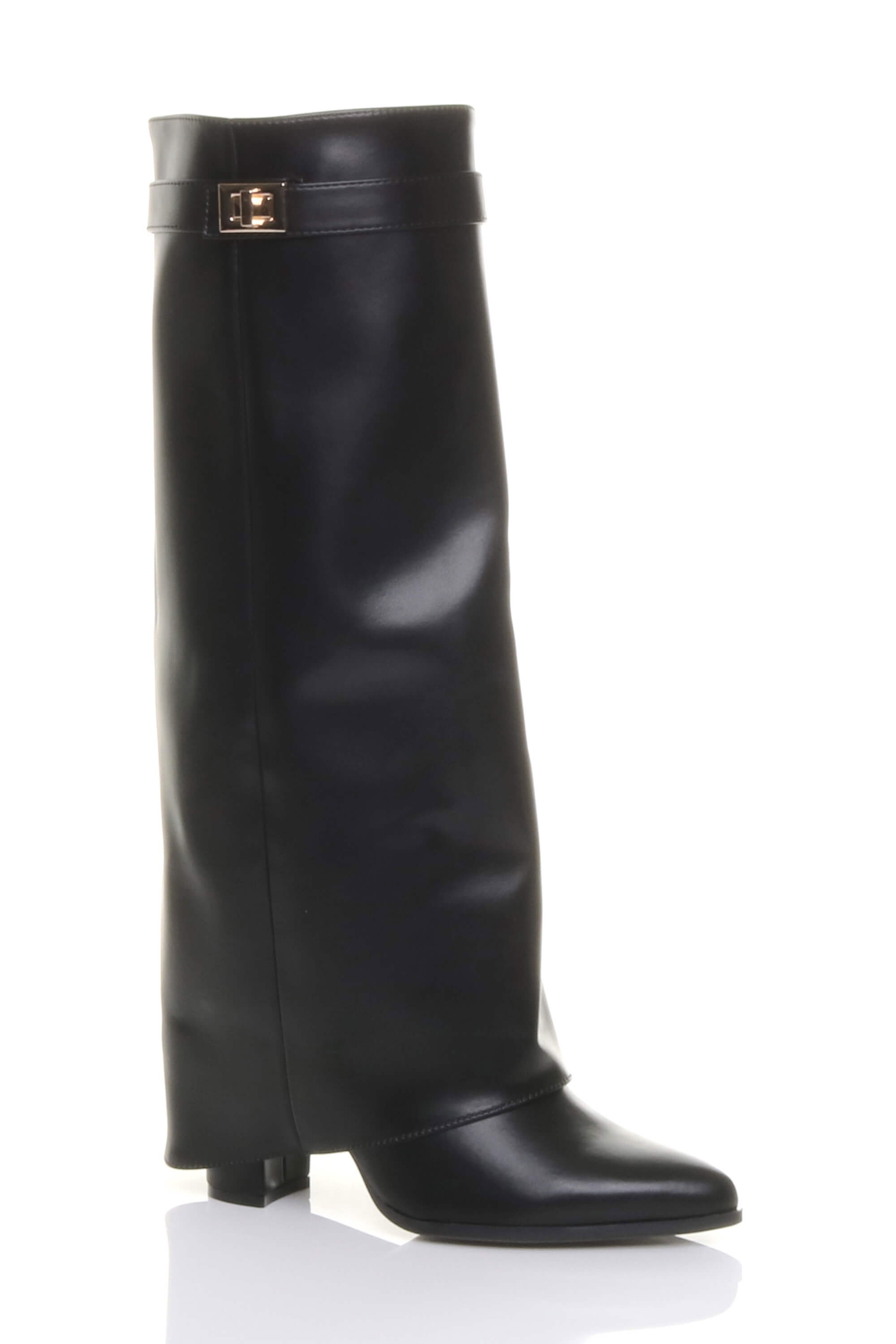 Black AJVANI Black High Block Heel Pointed Toe Fold Over Knee Boots, Image 2 of 4