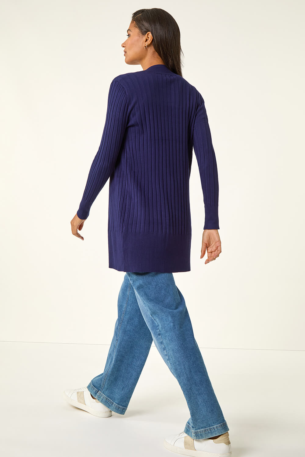 Midnight Blue Longline Stretch Ribbed Cardigan, Image 4 of 5