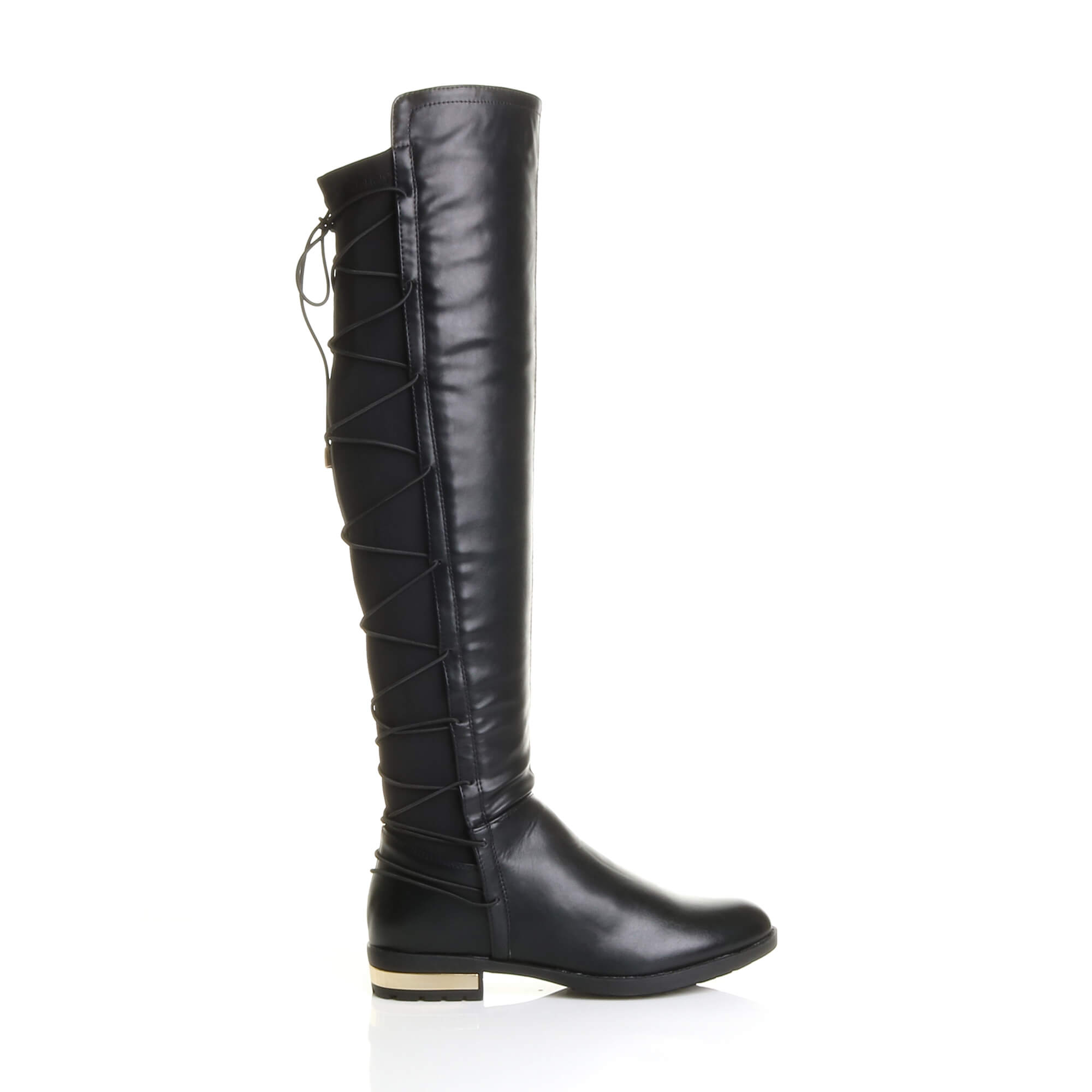 Black AJVANI Black Elastic Tie Up Riding Knee High Boots, Image 2 of 6