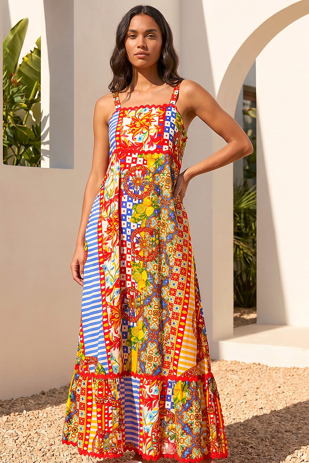 Red Patchwork Ric Rac Maxi Dress, Image 3 of 4