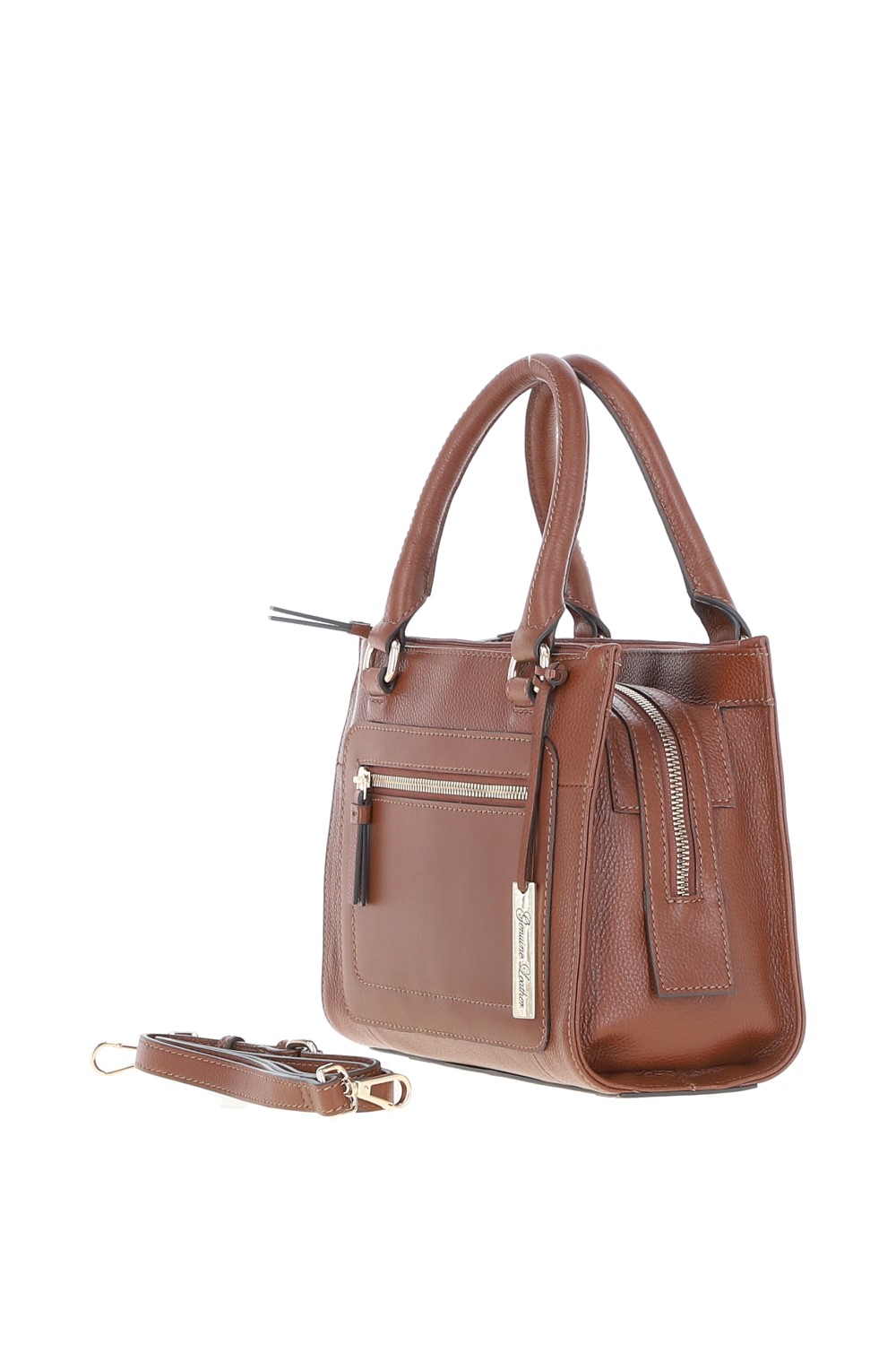 Tan Three Section Real Leather Tote Shoulder Bag, Image 2 of 3