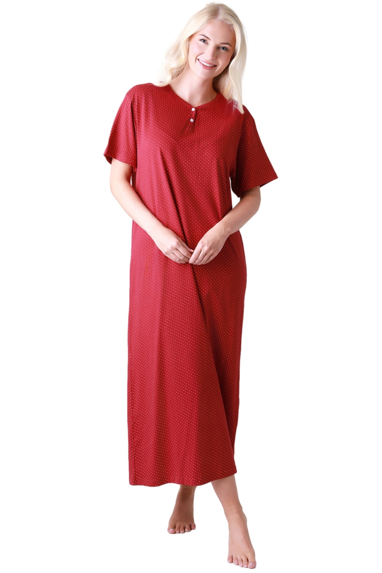 Burgundy Camille Lingerie Burgundy 100% Cotton Full Length Short Sleeved Nightdress, Image 2 of 5