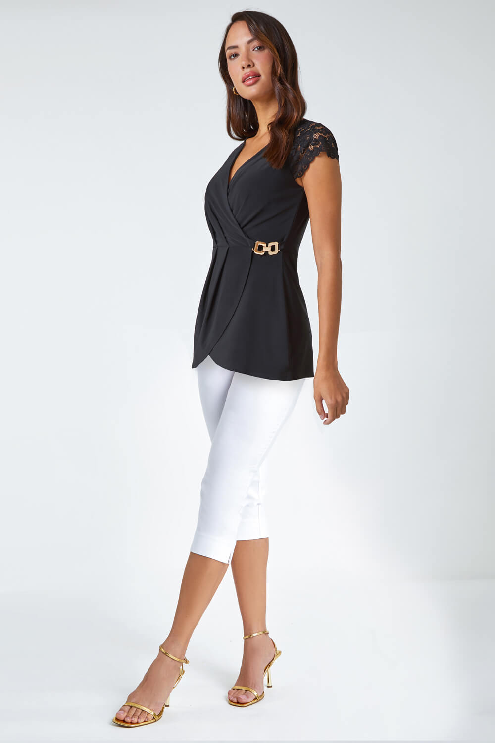 Black Lace Trim Stretch V-Neck Wrap Top , Image 3 of 5