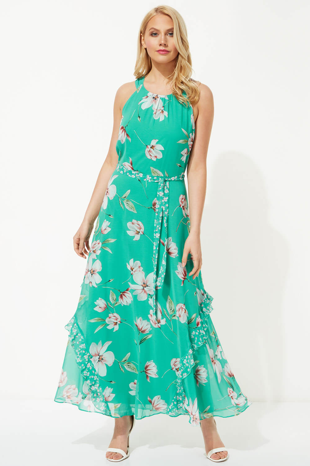Green Floral Print Frill Maxi Dress , Image 1 of 4