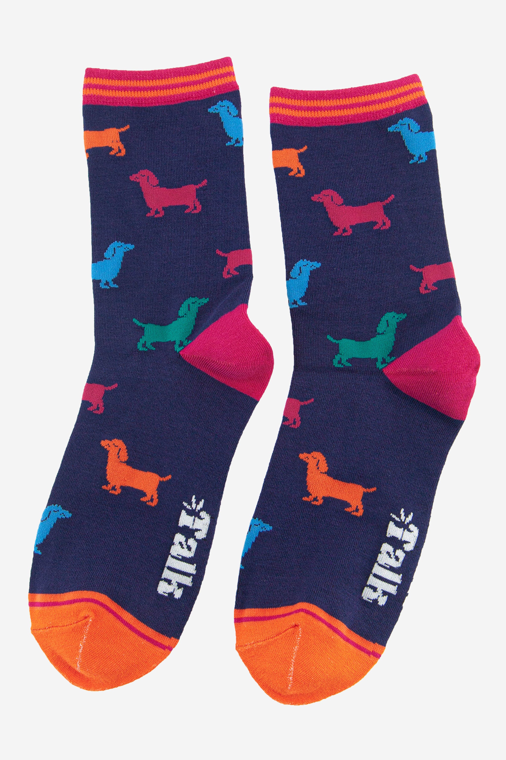 Navy Blue Sausage Dogs Multicoloured Bamboo Socks, Image 2 of 3
