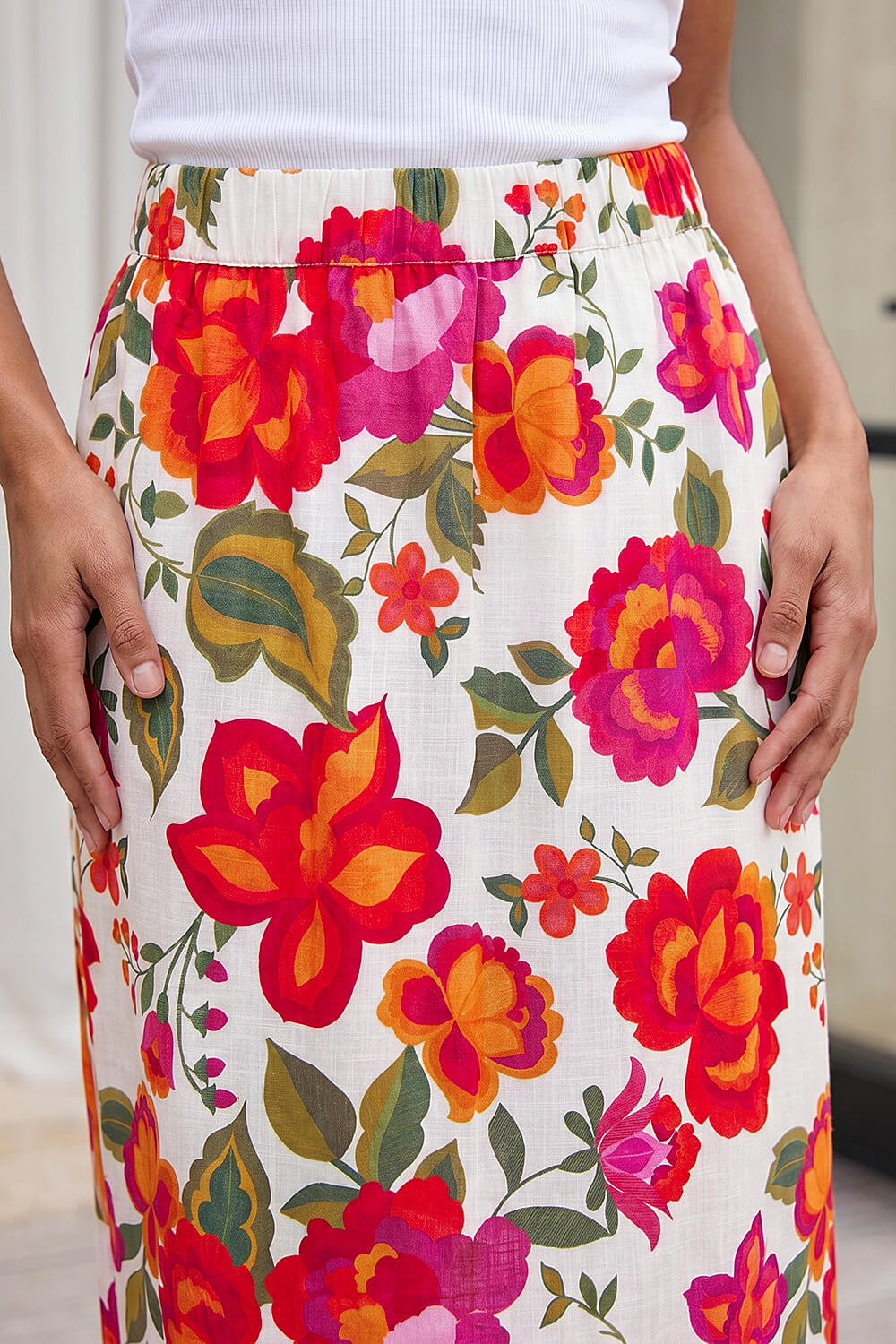 Orange Dusk Floral Print A-Line Midi Skirt, Image 6 of 5