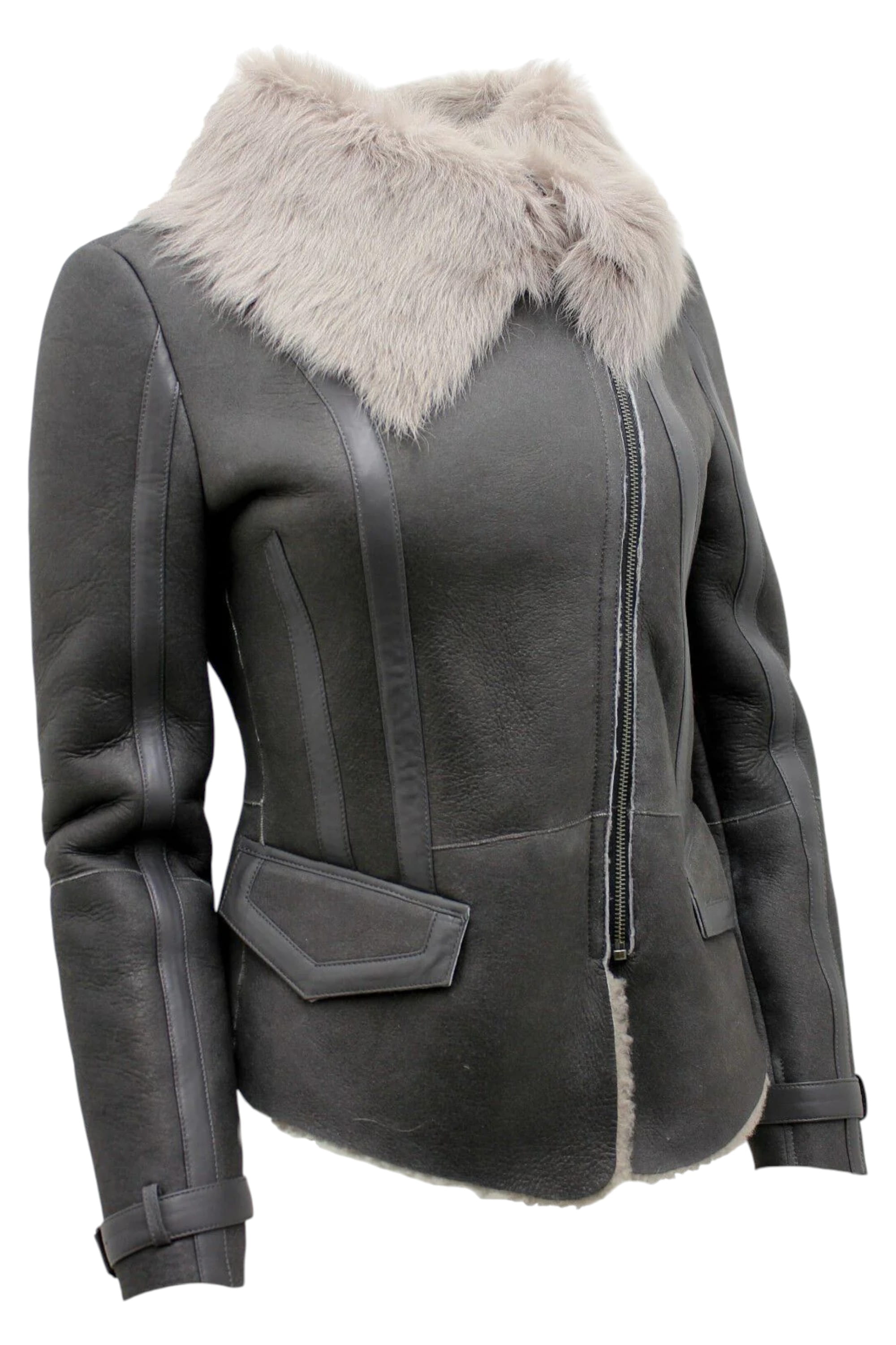Grey Toscana Shearling Flying Jacket-Teresina, Image 4 of 6