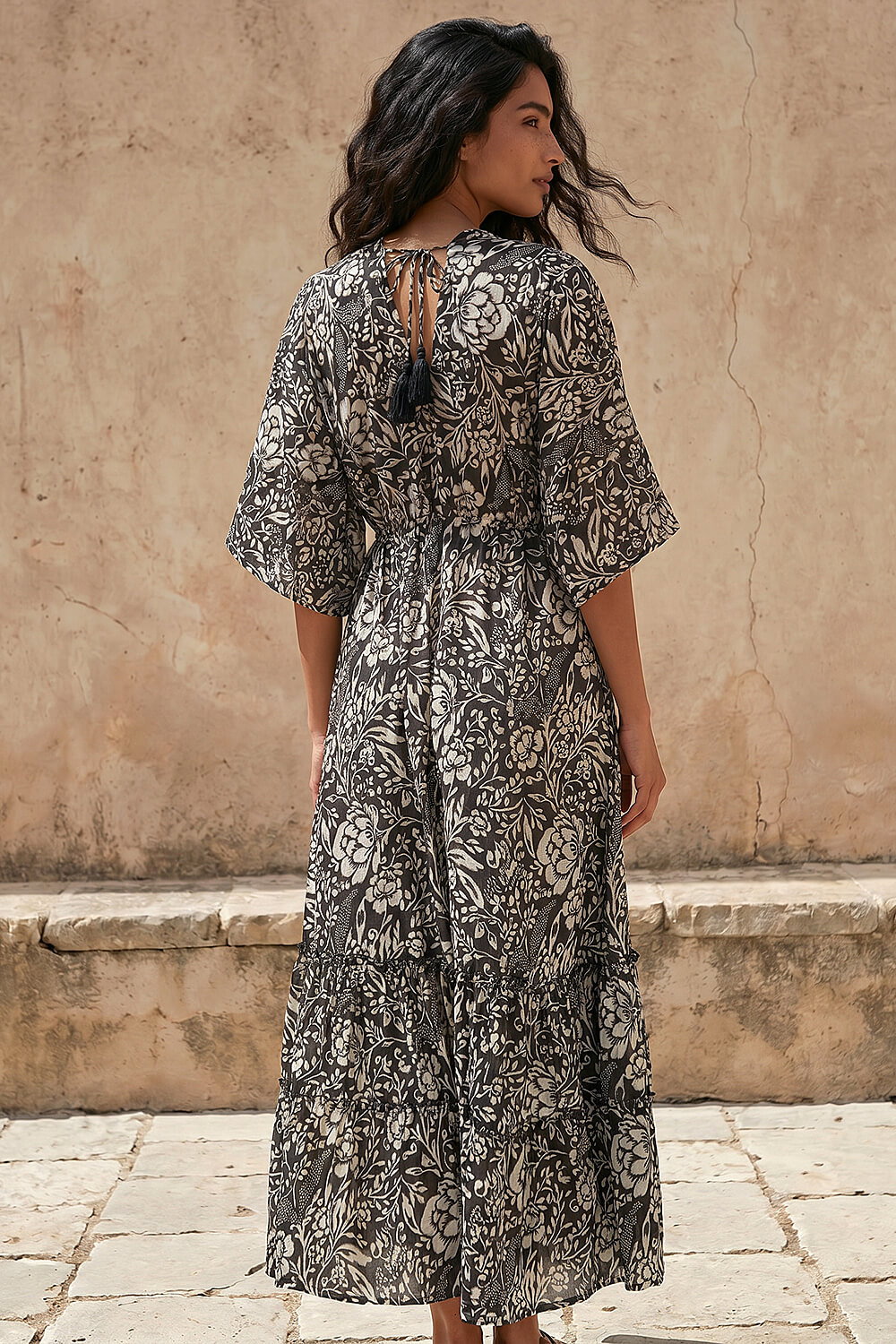 Black Boho Floral Print V-Neck Maxi Dress, Image 4 of 4