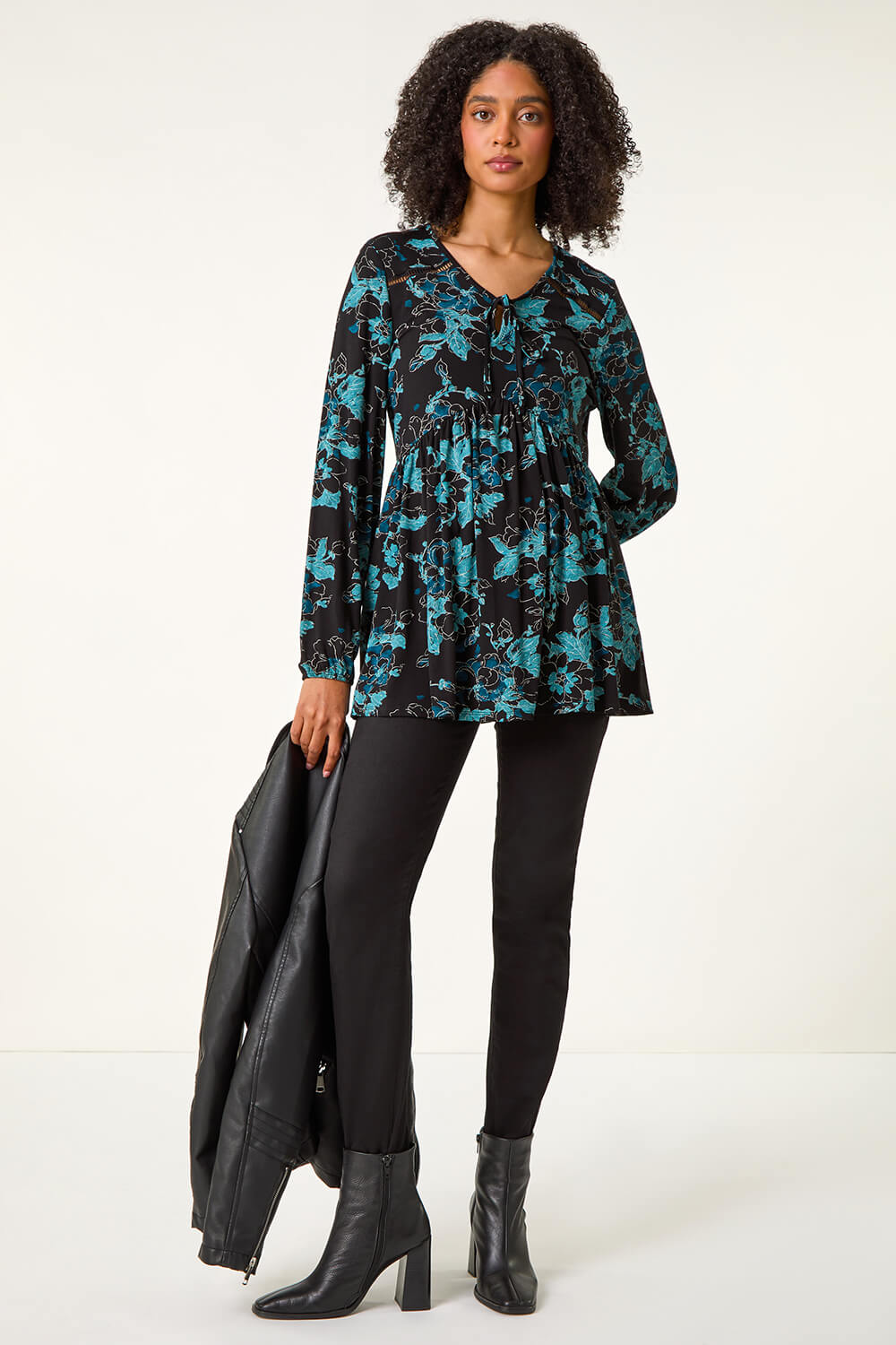 Blue Floral Print Ladder Trim Top, Image 3 of 5