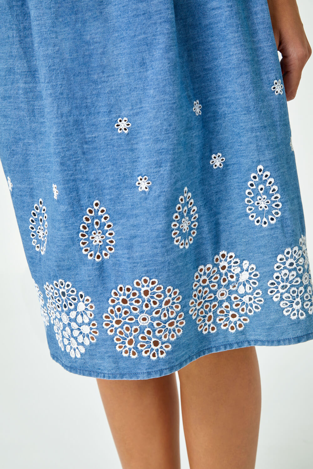 Denim Sleeveless Cotton Embroidered Midi Dress, Image 6 of 5